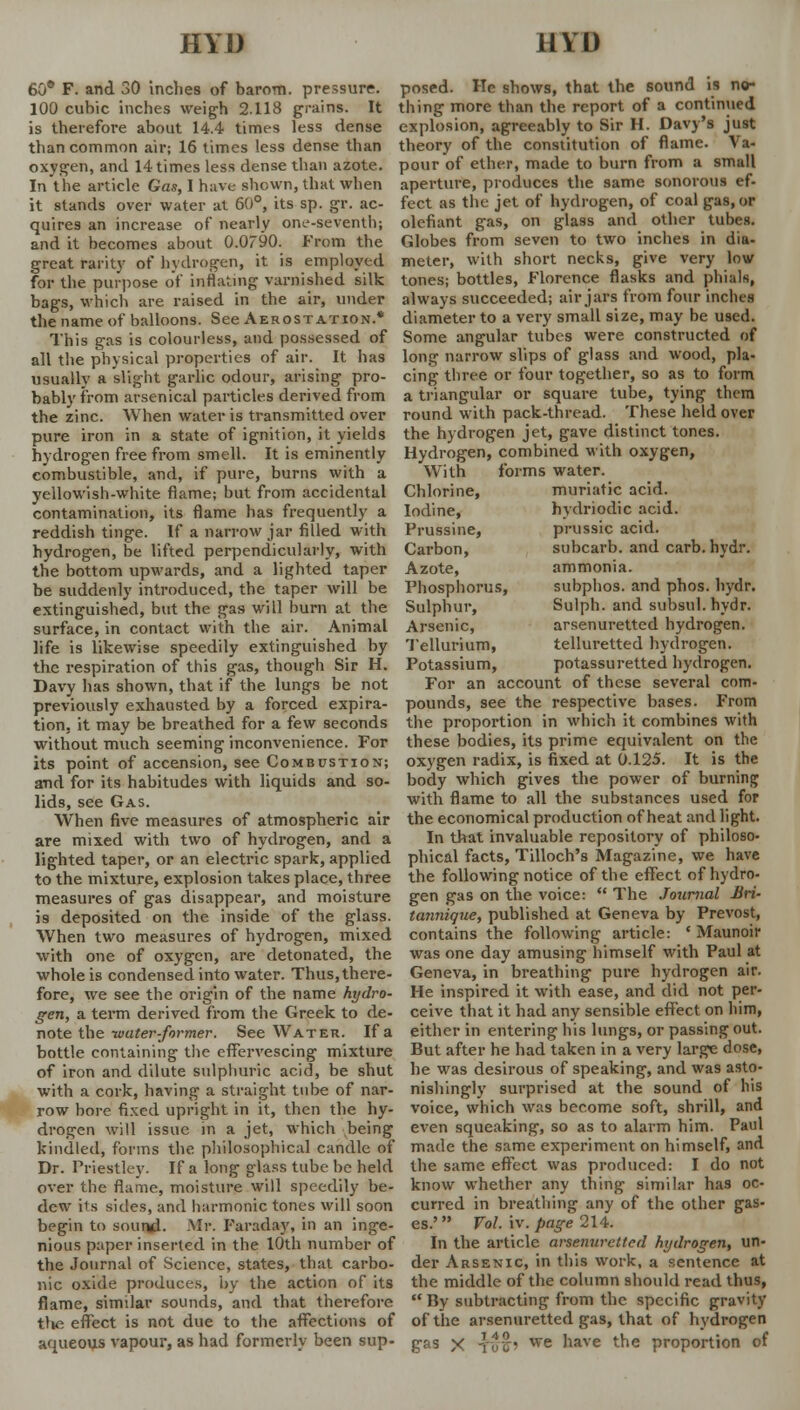 60e F. and 30 inches of barom. pressure. 100 cubic inches weigh 2.118 grains. It is therefoi'e about 14.4 times less dense than common air; 16 times less dense than oxygen, and 14 times less dense than azote. In the article Gas, I have shown, that when it stands over water at 60°, its sp. gr. ac- quires an increase of nearly one-seventh; and it becomes about 0.0790. From the great rarity of hydrogen, it is employed for the purpose of inflating varnished silk bags, which are raised in the air, under the name of balloons. See Aerostation.* This gas is colourless, and possessed of all the physical properties of air. It has usually a slight garlic odour, arising pro- bably from arsenical particles derived from the zinc. When water is transmitted over pure iron in a state of ignition, it yields hydrogen free from smell. It is eminently combustible, and, if pure, burns with a yellowish-white flame; but from accidental contamination, its flame has frequently a reddish tinge. If a narrow jar filled with hydrogen, be lifted perpendicularly, with the bottom upwards, and a lighted taper be suddenly introduced, the taper will be extinguished, but the gas will burn at the surface, in contact with the air. Animal life is likewise speedily extinguished by the respiration of this gas, though Sir H. Davy has shown, that if the lungs be not previously exhausted by a forced expira- tion, it may be breathed for a few seconds without much seeming inconvenience. For its point of accension, see Combustion; and for its habitudes with liquids and so- lids, see Gas. When five measures of atmospheric air are mixed with two of hydrogen, and a lighted taper, or an electric spark, applied to the mixture, explosion takes place, three measures of gas disappear, and moisture is deposited on the inside of the glass. When two measures of hydrogen, mixed with one of oxygen, are detonated, the whole is condensed into water. Thus, there- fore, we see the origin of the name hydro- gen, a term derived from the Greek to de- note the -water-former. See Water. If a bottle containing the effervescing mixture of iron and dilute sulphuric acid, be shut with a cork, having a straight tube of nar- row bore fixed upright in it, then the hy- drogen will issue in a jet, which being kindled, forms the philosophical candle of Dr. Priestley. If a long glass tube be held over the flame, moisture will speedily be- dew its sides, and harmonic tones will soon begin to sound. Mr. Faraday, in an inge- nious paper inserted in the 10th number of the Journal of Science, states, that carbo- nic oxide produces, by the action of its flame, similar sounds, and that therefore tlie effect is not due to the affections of aqueous vapour, as had formerly been sup- posed. He shows, that the sound is no- thing more than the report of a continued explosion, agreeably to Sir H. Davy's just theory of the constitution of flame. Va- pour of ether, made to burn from a small aperture, produces the same sonorous ef- fect as the jet of hydrogen, of coal gas, or defiant g'as, on glass and other tubes. Globes from seven to two inches in dia- meter, with short necks, give very low tones; bottles, Florence flasks and phials, always succeeded; air jars from four inches diameter to a very small size, may be used. Some angular tubes were constructed of long narrow slips of glass and wood, pla- cing three or four together, so as to form a triangular or square tube, tying them round with pack-thread. These held over the hydrogen jet, gave distinct tones. Hydrogen, combined with oxygen, With forms water. Chlorine, muriatic acid. Iodine, hydriodic acid. Prussine, prussic acid. Carbon, subcarb. and carb. hydr. Azote, ammonia. Phosphorus, subphos. and phos. hydr. Sulphur, Sulph. and subsul. hydr. Arsenic, arsenuretted hydrogen. Tellurium, telluretted hydrogen. Potassium, potassuretted hydrogen. For an account of these several com- pounds, see the respective bases. From the proportion in which it combines with these bodies, its prime equivalent on the oxygen radix, is fixed at 0.125. It is the body which gives the power of burning with flame to all the substances used for the economical production of heat and light. In that invaluable repository of philoso- phical facts, Tilloch's Magazine, we have the following notice of the effect of hydro- gen gas on the voice:  The Journal Bri- tannique, published at Geneva by Prevost, contains the following article: ' Maunoir was one day amusing himself with Paul at Geneva, in breathing pure hydrogen air. He inspired it with ease, and did not per- ceive that it had any sensible effect on him, either in entering his lungs, or passing out. But after he had taken in a very large dose, he was desirous of speaking, and was asto- nishingly surprised at the sound of his voice, which was become soft, shrill, and even squeaking, so as to alarm him. Paul made the same experiment on himself, and the same effect was produced: I do not know whether any thing similar has oc- curred in breathing any of the other gas- es.' Vol. \v. page 214. In the article arsenuretted hydrogen, un- der Arsenic, in this work, a sentence at the middle of the column should read thus,  By subtracting from the specific gravity of the arsenuretted gas, that of hydrogen gas X Tn{;' vve 'lave tne proportion of
