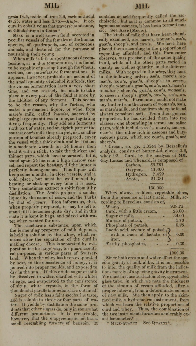 MIL MIL nesia 14.5, oxide of iron 2.5, carbonic acid 47.25, water and loss 2.75.—Kla(>r. It oc- curs in cobalt veins that traverse sandstone, at Glucksbrunn in Gotha.* Mi • k is a well known fluid, secreted in peculiar vessels of the females of the human species, of quadrupeds, and of cetaceous animals, and destined for the purpose of nourishing their voting. When milk is left to spontaneous decom- position, at a due temperature, it is found to be capable of passing through the vinous, acetous, and putrefactive fermentations. It appears, however, probable on account of the small quantity of alcohol it affords, that the vinous fermentation lasts a very short time, and can scarcely be made to take place in every part of the fluid at once by the addition of any ferment. This seems to be the reason, why the Tartars, who make a permanent liquor, or wine, from mare's milk, called koumiss, succeed by using large quantities at a time, and agitating it very frequently. They add as a ferment a sixth part of water, and an eighth part of the sourest cow's milk the\ can ;;ct, ora smaller portion of koumiss already prepared; cover the vessel with a thick cloi h. and let it stand in a moderate warmth tor 24 hours; then beat it with a stick, to mix the thicker and thinner parts, which have separated; let it. stand again 24 hours in a high narrow ves- sel, and repeat the beating, till the liquor is perfectly homogeneous. This liquor will keep some months, in close vessels, and a cold place; but must be well mixed by beating or shaking every time it is used. They sometimes extract a spirit from it by distillation. The Arabs prepare a similar liquor by the name of leban, and the Turks by that of yaourt. Eton informs us, that, when properly prepared, it may be left to stand till it becomes quite dry; and in this state it is kept in bags, and mixed with wa- ter when wanted for use. The saccharine substance, upon which the fermenting property of milk depends, is held in solution by the whey, which re- mains after the separation of the curd in making cheese. This is separated by eva- poration in the large way, for pharmaceuti- cal purposes, in various parts of Switzer- land. When the whey has been evaporated by heat, to the consistence of honey, it is poured into proper moulds, and exposed to drv in the sun. If this crude sugar of milk be dissolved in water, clarified with whites of eggs, and evaporated to the consistence of sirup, white crystals, in the form of thomboidal paralleljpipedons, are obtained. Sugar of milk has a faint saccharine taste, au'd is soluble in three or four parts of wa- ter. It yields by distillation the same pro- ducts that other sugars do, only in somewhat different proportions. It is remarkable, however, that the empyreumatic oil has a smell resembling flowers of benzoin. It contains an acid frequently culled the sac- cholactic; but as it is common to all muci- laginous substances, it has been termed mu- cic. See A.cib (Mucic). The kinds of milk thai have been chemi- cally examined, are marc's, woman's, ass's, goat's, sheep's, and cow's. We have here placed them according to the proportion of sugar they afforded; and this, Parmenticr observes, was precisely of the same quality in all, while all the other parts varied in quality as well as quantity in the different milks. With regard to the whey, they rank in the following order; ass's, mare's, wo- man's, cow's, goat's, sheep's: to cream,- sheep's, woman's, goat's, cow's, ass's, mare's: to butter ; sheep's, goat's, cow's, woman's: to cheese ; sheep's, goat's, cow's, ass's, wo- man's, mare's. Parmenticr could not make any butter from the cream of woman's, ass's, or mare'smilk ; andthatf'rom sheep be found always remained soft. From their general properties, he has divided them into two classes ; one abounding in serous and saline parts, which includes ass's, mare's, and wo- man's; the other rich in caseous and buty- raceous parts, which are cow's, goat's, and sheep's. * Cream, sp. gr. 1.0244 by Berzelius's analysis, consists of butter 4.5, cheese 3.5, whey 92. Curd, by the analysis of MM. Gay-Lussac and Thenard, is composed of Carbon, 59.781 Oxygen, 11.400 Hydrogen, 7.429 Azote, 21.381 100.000 Whey always reddens vegetable blues, from the presence of lactic acid. Milk, ac- cording to Berzelius, consists of, Water, .... Curd, with a little cream, Sugar of milk, Muriate of potash, Phosphate of potash, Lactic acid, acetate of potash, with a trace of lactate of] iron, ... Earthy phosphates, 928.75 28.00 35.00 1.70 0.25 6.00 0.30 1000.00 Since both cream and water affect the spe- cific gravity of milk alike, it is not possible to infer the quality of milk from the indica- tions merely of a specific gravity instrument. We must first use as alactomcter, agraduated glass tube, in which we note the thickness of the stratum of cream afforded, after a proper interval, from a determinate column of new milk. We then apply to the skim- med milk, a hvdrometric instrument, from which we learn the relative proportions of curd and whey. Thus, the combination of the two instruments furnishes a tolerably ex-' act lactometer.* ' Mrc.K-4UA.nTZ. See QnAJtrz*.
