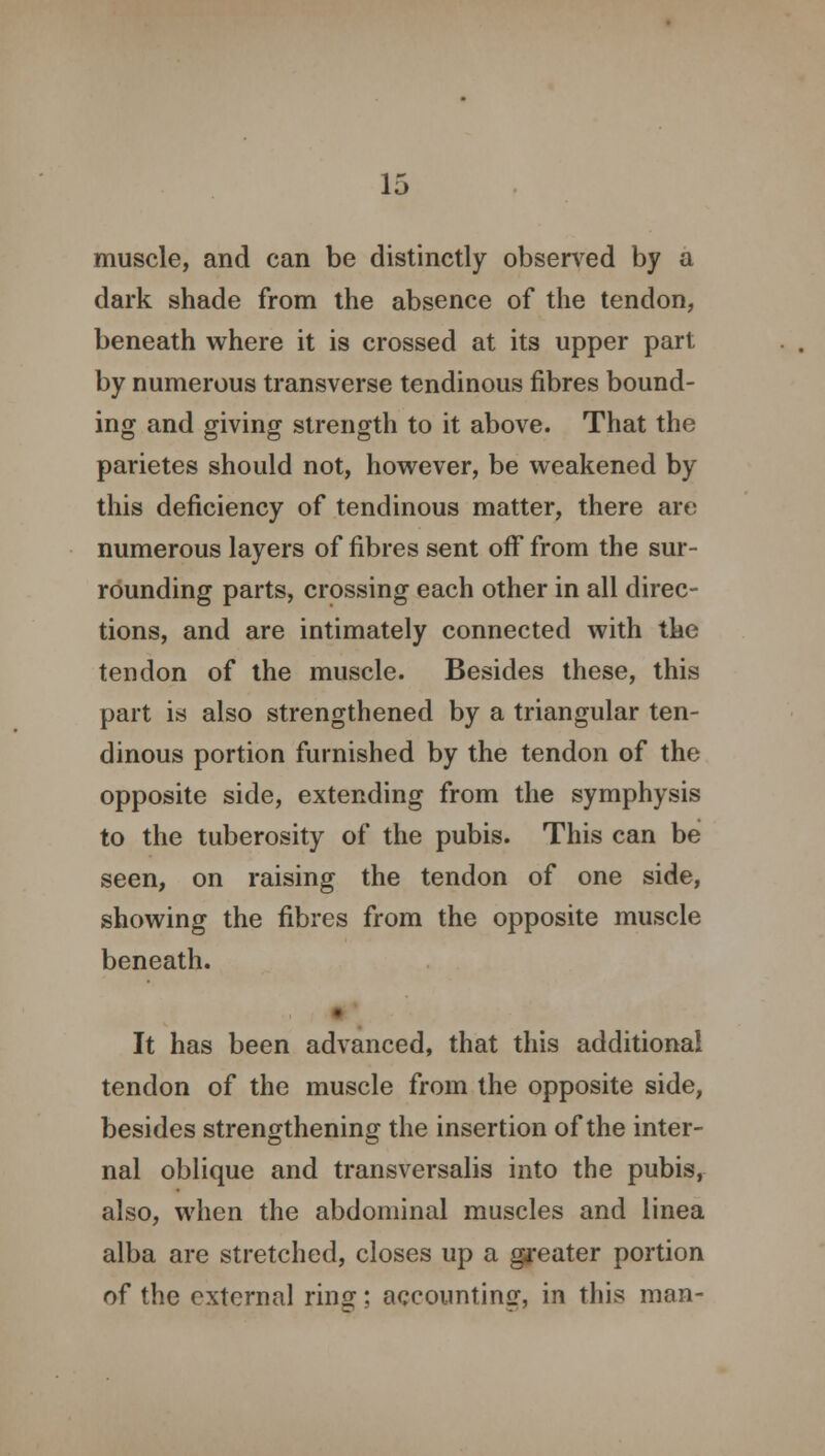 muscle, and can be distinctly observed by a dark shade from the absence of the tendon, beneath where it is crossed at its upper part by numerous transverse tendinous fibres bound- ing and giving strength to it above. That the parietes should not, however, be weakened by this deficiency of tendinous matter, there are numerous layers of fibres sent off from the sur- rounding parts, crossing each other in all direc- tions, and are intimately connected with the tendon of the muscle. Besides these, this part is also strengthened by a triangular ten- dinous portion furnished by the tendon of the opposite side, extending from the symphysis to the tuberosity of the pubis. This can be seen, on raising the tendon of one side, showing the fibres from the opposite muscle beneath. It has been advanced, that this additional tendon of the muscle from the opposite side, besides strengthening the insertion of the inter- nal oblique and transversalis into the pubis, also, when the abdominal muscles and linea alba are stretched, closes up a greater portion of the external ring; accounting, in this man-