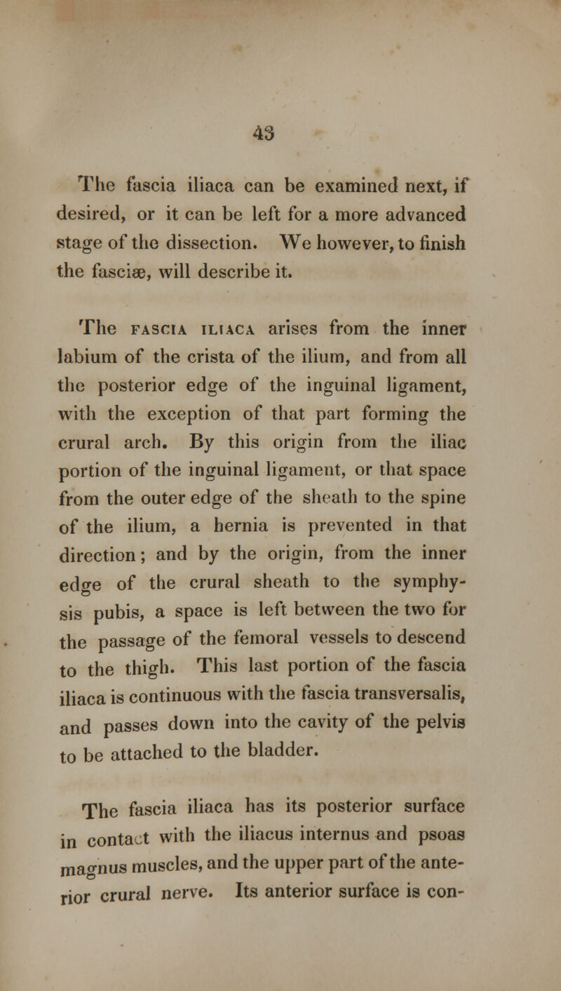 The fascia iliaca can be examined next, if desired, or it can be left for a more advanced stage of the dissection. We however, to finish the fasciae, will describe it. The fascia iliaca arises from the inner labium of the crista of the ilium, and from all the posterior edge of the inguinal ligament, with the exception of that part forming the crural arch. By this origin from the iliac portion of the inguinal ligament, or that space from the outer edge of the sheath to the spine of the ilium, a hernia is prevented in that direction; and by the origin, from the inner ed<*e of the crural sheath to the symphy- sis pubis, a space is left between the two for the passage of the femoral vessels to descend to the thigh. This last portion of the fascia iliaca is continuous with the fascia transversalis, and passes down into the cavity of the pelvis to be attached to the bladder. The fascia iliaca has its posterior surface in contact with the iliacus internus and psoas ma^nus muscles, and the upper part of the ante- rior crural nerve. Its anterior surface is con-