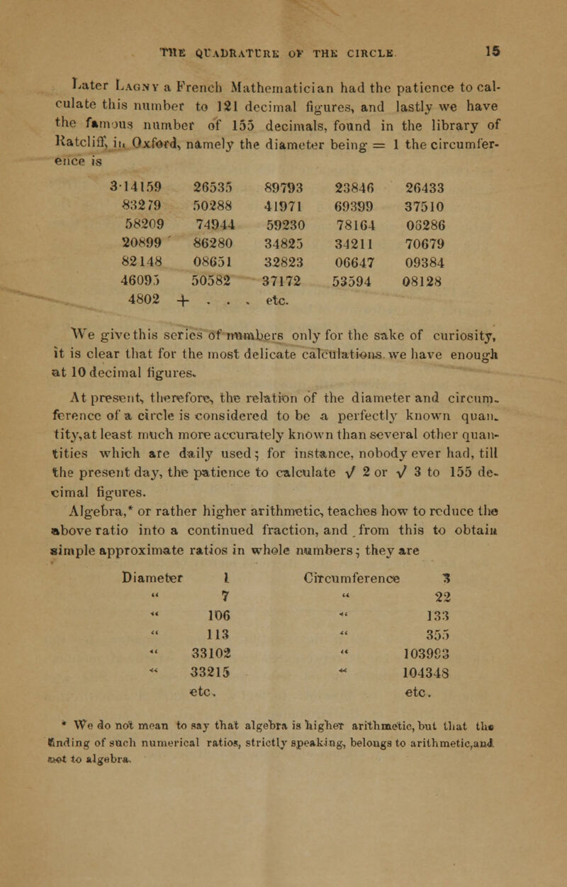 Later Lagny a French Mathematician had the patience to cal- culate this number to 121 decimal figures, and lastly we have the famous number of 155 decimals, found in the library of Ratcliflf, ii, Oxford, namely the diameter being = 1 the circumfer- ence is 3-14159 26535 89793 23846 26433 83279 50288 41971 69399 37510 58209 74944 59230 78164 08286 20t<99 86280 34825 34211 70679 82118 08651 32823 06647 09384 46095 50582 37172 53594 08128 4802 + . . . etc. We give this series of numbers only for the sake of curiosity, it is clear that for the most delicate calculations, we have enough at 10 decimal figures. At present, therefore, the relation of the diameter and circum- ference of a circle is considered to be a perfectly known quan. tity,at least much more accurately known than several other quan- tities which are daily used; for instance, nobody ever had, till the present da}r, the patience to calculate ^ 2 or V 3 to 155 de- cimal figures. Algebra,* or rather higher arithmetic, teaches how to reduce the above ratio into a continued fraction, and , from this to obtain simple approximate ratios in whole numbers; they are Diameter 1 Ci tecum ference 3 a 7 a 22 ** 106 Hi 133  113 4t 355 « 33102 4i 1039C3 «< 33215 etc. « 104348 etc. * We do not moan to say that algebra is higher arithmetic, but that the finding of such numerical ratios, strictly speaking, belongs to arithmetic,aml vtet to algebra.