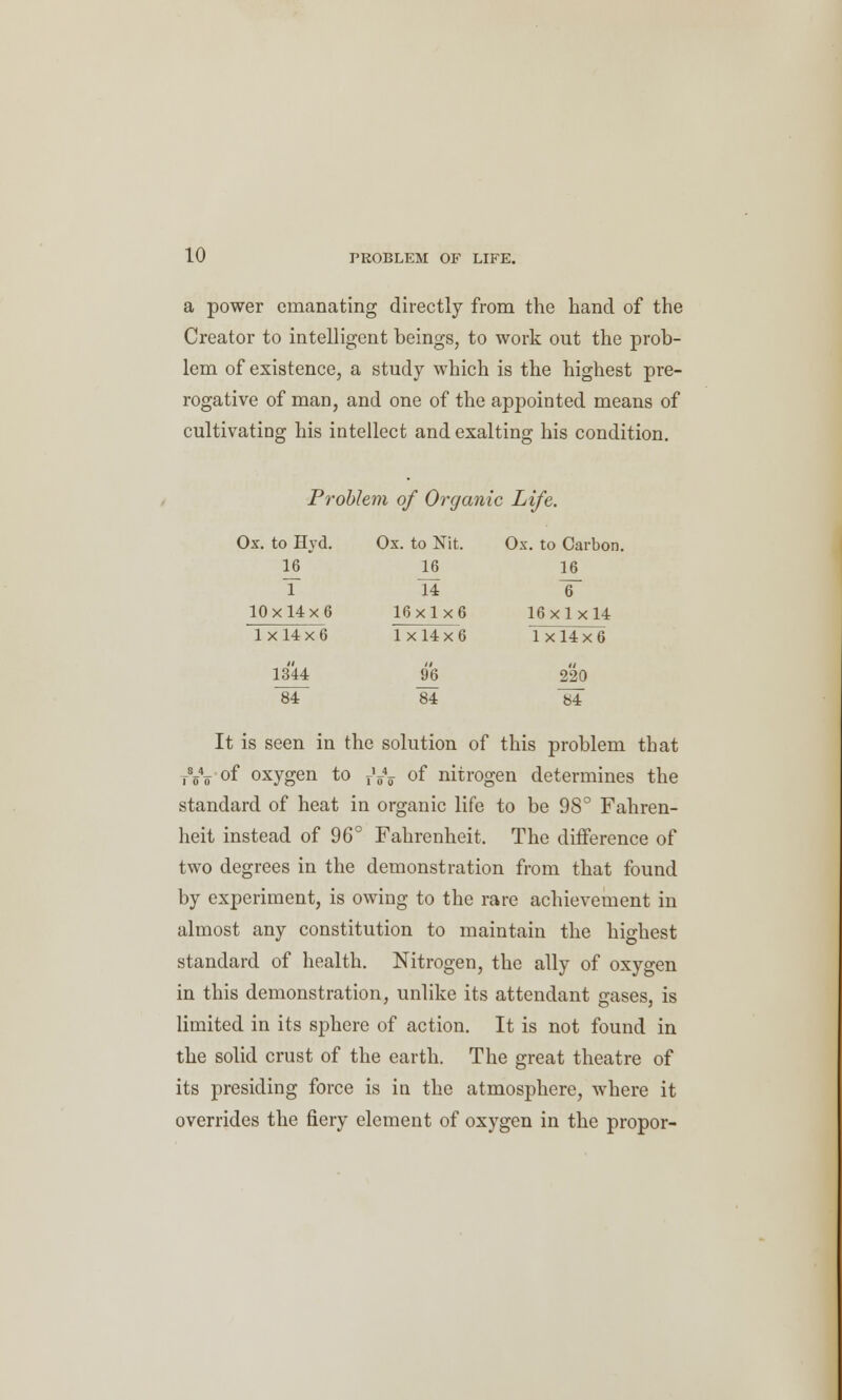 a power emanating directly from the hand of the Creator to intelligent beings, to work out the prob- lem of existence, a study which is the highest pre- rogative of maD, and one of the appointed means of cultivating his intellect and exalting his condition. Problem of Organic Life. Ox. to Hyd. Ox. to Nit. Ox. to Carbon. 16 W 16 1 J4 IT 10x14x6 16x1x6 16x1x14 1x14x6 1x14x6 1x14x6 1344 &5 220 ~8iT 84 84 It is seen in the solution of this problem that tV-5- of oxygen to T\% of nitrogen determines the standard of heat in organic life to be 98° Fahren- heit instead of 96° Fahrenheit. The difference of two degrees in the demonstration from that found by experiment, is owing to the rare achievement in almost any constitution to maintain the highest standard of health. Nitrogen, the ally of oxygen in this demonstration, unlike its attendant gases, is limited in its sphere of action. It is not found in the solid crust of the earth. The great theatre of its presiding force is in the atmosphere, where it overrides the fiery element of oxygen in the propor-