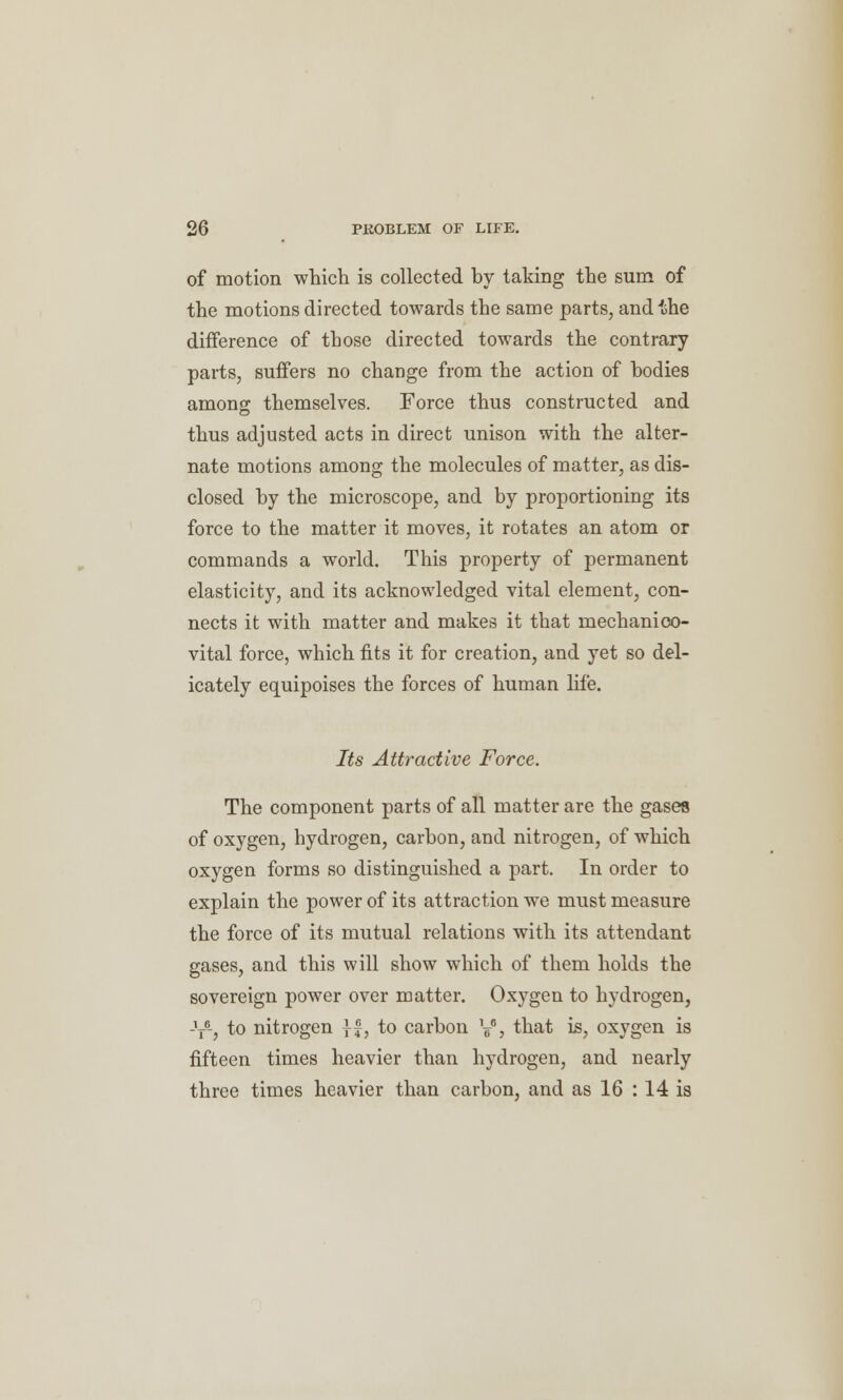 of motion which is collected by taking the sum of the motions directed towards the same parts, and the difference of those directed towards the contrary parts, suffers no change from the action of bodies among themselves. Force thus constructed and thus adjusted acts in direct unison with the alter- nate motions among the molecules of matter, as dis- closed by the microscope, and by proportioning its force to the matter it moves, it rotates an atom or commands a world. This property of permanent elasticity, and its acknowledged vital element, con- nects it with matter and makes it that mechanioo- vital force, which fits it for creation, and yet so del- icately equipoises the forces of human life. Its Attractive Force. The component parts of all matter are the gases of oxygen, hydrogen, carbon, and nitrogen, of which oxygen forms so distinguished a part. In order to explain the power of its attraction we must measure the force of its mutual relations with its attendant gases, and this will show which of them holds the sovereign power over matter. Oxygen to hydrogen, -V5-, to nitrogen If, to carbon y, that is, oxygen is fifteen times heavier than hydrogen, and nearly three times heavier than carbon, and as 16 : 14 is