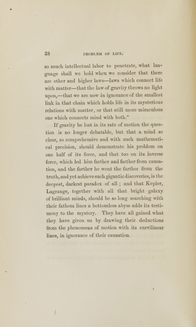 so much intellectual labor to penetrate, what lan- guage shall we hold when we consider that there are other and higher laws—laws which connect life with matter—that the law of gravity throws no light upon,—that we are now in ignorance of the smallest link in that chain which holds life in its mysterious relations with matter, or that still more miraculous one which connects mind with both. If gravity be lost in its rate of motion the ques- tion is no longer debatable, but that a mind so clear, so comprehensive and with such mathemati- cal precision, should demonstrate his problem on one half of its force, and that too on its inverse force, which led him farther and farther from causa- tion, and the farther he went the farther from the truth, and yet achieve such gigantic discoveries, is the deepest, darkest paradox of all ; and that Kepler, Lagrange, together with all that bright galaxy of brilliant minds, should be so long searching with their fathom lines a bottomless abyss adds its testi- mony to the mystery. They have all gained what they have given us by drawing their deductions from the phenomena of motion with its curvilinear lines, in ignorance of their causation.