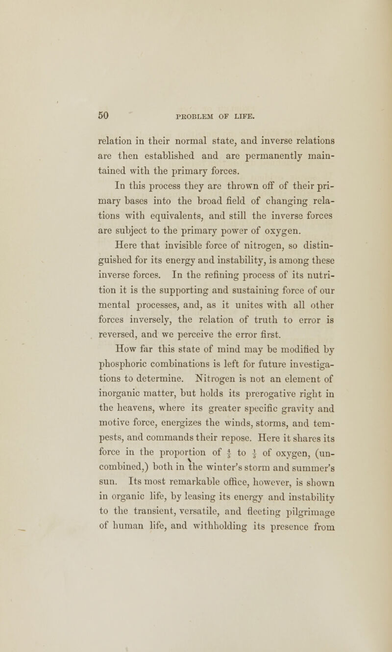 relation in their normal state, and inverse relations are then established and are permanently main- tained with the primary forces. In this process they are thrown off of their pri- mary bases into the broad field of changing rela- tions with equivalents, and still the inverse forces are subject to the primary power of oxygen. Here that invisible force of nitrogen, so distin- guished for its energy and instability, is among these inverse forces. In the refining process of its nutri- tion it is the supporting and sustaining force of our mental processes, and, as it unites with all other forces inversely, the relation of truth to error is reversed, and we perceive the error first. How far this state of mind may be modified by phosphoric combinations is left for future investiga- tions to determine. Nitrogen is not an element of inorganic matter, but holds its prerogative right in the heavens, where its greater specific gravity and motive force, energizes the winds, storms, and tem- pests, and commands their repose. Here it shares its force in the proportion of § to i of oxygen, (un- combined,) both in the winter's storm and summer's sun. Its most remarkable office, however, is shown in organic life, by leasing its energy and instability to the transient, versatile, and fleeting pilgrimage of human life, and withholding its presence from