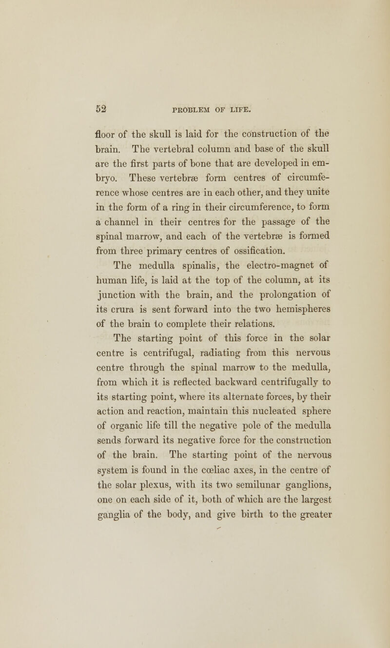 floor of the skull is laid for the construction of the brain. The vertebral column and base of the skull are the first parts of bone that are developed in em- bryo. These vertebrae form centres of circumfe- rence whose centres are in each other, and they unite in the form of a ring in their circumference, to form a channel in their centres for the passage of the spinal marrow, and each of the vertebrae is formed from three primary centres of ossification. The medulla spinalis, the electro-magnet of human life, is laid at the top of the column, at its junction with the brain, and the prolongation of its crura is sent forward into the two hemispheres of the brain to complete their relations. The starting point of this force in the solar centre is centrifugal, radiating from this nervous centre through the spinal marrow to the medulla, from which it is reflected backward centrifugally to its starting point, where its alternate forces, by their action and reaction, maintain this nucleated sphere of organic life till the negative pole of the medulla sends forward its negative force for the construction of the brain. The starting point of the nervous system is found in the cceliac axes, in the centre of the solar plexus, with its two semilunar ganglions, one on each side of it, both of which are the largest ganglia of the body, and give birth to the greater