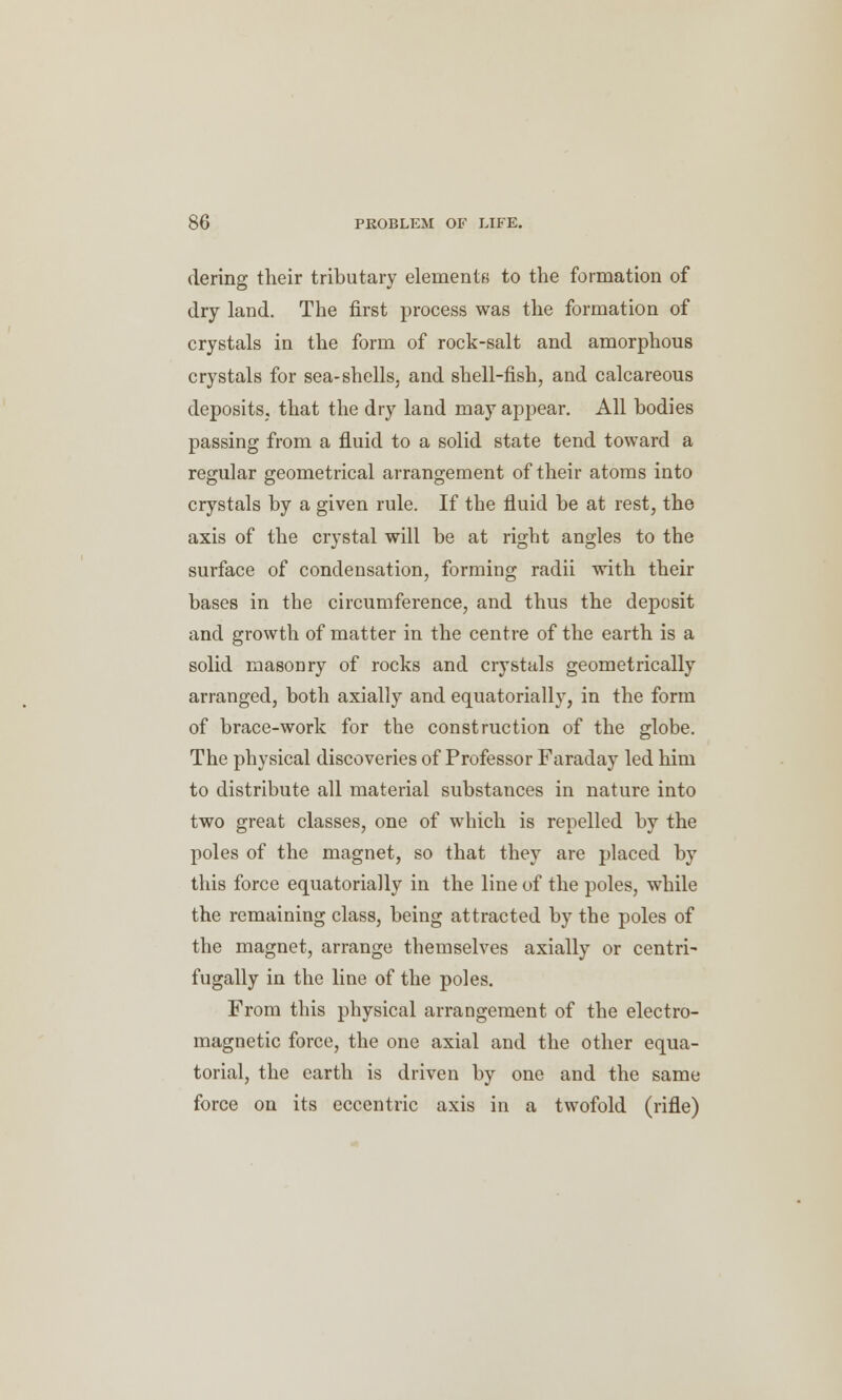 dering their tributary elements to the formation of dry land. The first process was the formation of crystals in the form of rock-salt and amorphous crystals for sea-shells, and shell-fish, and calcareous deposits, that the dry land may appear. All bodies passing from a fluid to a solid state tend toward a regular geometrical arrangement of their atoms into crystals by a given rule. If the fluid be at rest, the axis of the crystal will be at right angles to the surface of condensation, forming radii with their bases in the circumference, and thus the deposit and growth of matter in the centre of the earth is a solid masonry of rocks and crystals geometrically arranged, both axially and equatorially, in the form of brace-work for the construction of the globe. The physical discoveries of Professor Faraday led him to distribute all material substances in nature into two great classes, one of which is repelled by the poles of the magnet, so that they are placed by this force equatorially in the line of the poles, while the remaining class, being attracted by the poles of the magnet, arrange themselves axially or centri- fugally in the line of the poles. From this physical arrangement of the electro- magnetic force, the one axial and the other equa- torial, the earth is driven by one and the same force on its eccentric axis in a twofold (rifle)