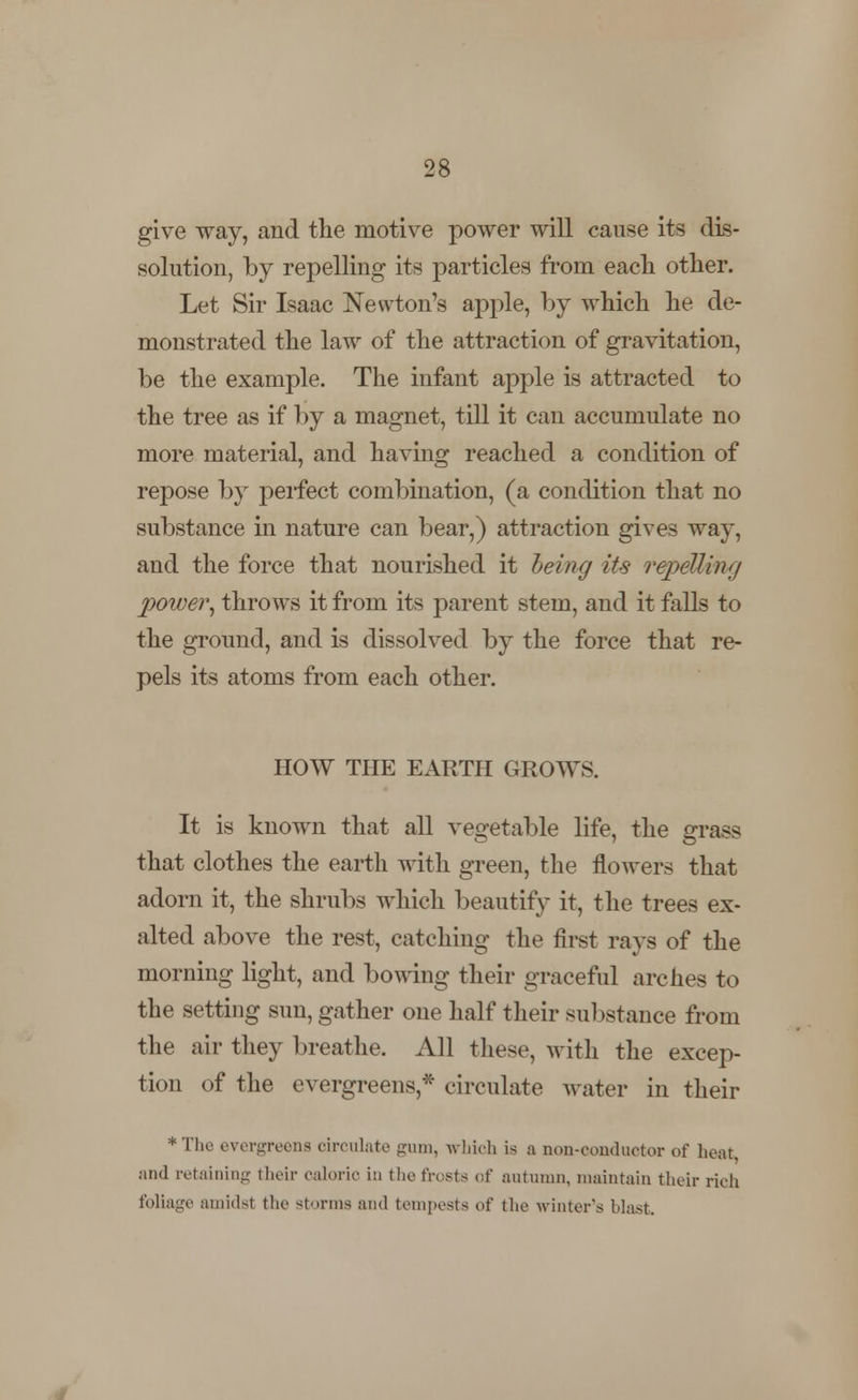 give way, and the motive power will cause its dis- solution, by repelling its particles from each other. Let Sir Isaac Newton's apple, by which he de- monstrated the law of the attraction of gravitation, be the example. The infant apple is attracted to the tree as if by a magnet, till it can accumulate no more material, and having reached a condition of repose by perfect combination, (a condition that no substance in nature can bear,) attraction gives way, and the force that nourished it being its repelling power, throws it from its parent stem, and it falls to the ground, and is dissolved by the force that re- pels its atoms from each other. HOW THE EARTH GROWS. It is known that all vegetable life, the grass that clothes the earth with green, the flowers that adorn it, the shrubs which beautify it, the trees ex- alted above the rest, catching the first rays of the morning light, and bowing their graceful arches to the setting sun, gather one half their substance from the air they breathe. All these, with the excep- tion of the evergreens,* circulate water in their ♦The evergreens circulate gum, which is a non-conductor of heat and retaining their caloric in the frosts of autumn, maintain their rich foliage amidst the storms and tempests of the winter's blast.