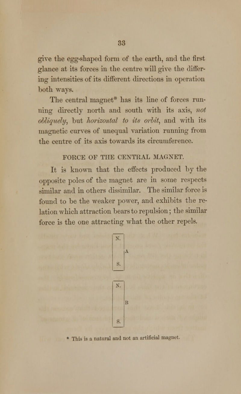 give the egg-shaped form of the earth, and the first glance at its forces in the centre will give the differ- ing intensities of its different directions in operation both ways. The central magnet* has its line of forces run- ning directly north and south with its axis, not obliquely, but horizontal to its orbit, and with its magnetic curves of unequal variation running from the centre of its axis towards its circumference. FORCE OF THE CENTRAL MAGNET. It is known that the effects produced by the opposite poles of the magnet are in some respects similar and in others dissimilar. The similar force is found to be the weaker power, and exhibits the re- lation which attraction bears to repulsion; the similar force is the one attracting what the other repels. * This is a natural and not an artificial magnet.