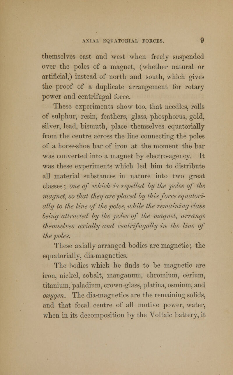 themselves east and west when freely suspended over the poles of a magnet, (whether natural or artificial,) instead of north and south, which gives the proof of a duplicate arrangement for rotary power and centrifugal force. These experiments show too, that needles, rolls of sulphur, resin, feathers, glass, phosphorus, gold, silver, lead, bismuth, place themselves equatorially from the centre across the line connecting the poles of a horse-shoe bar of iron at the moment the bar was converted into a magnet by electro-agency. It was these experiments which led him to distribute all material substances in nature into two great classes; one of which is repelled by the poles of the magnet, so that they are placed by this force equatori- ally to the line of the poles, ivhile the remaining class being attracted by the poles of the magnet, arrange themselves axially and centrifugally in the line of the poles. These axially arranged bodies are magnetic; the equatorially, dia-magnetics. The bodies which he finds to be magnetic are iron, nickel, cobalt, manganum, chromium, cerium, titanium, paladium, crown-glass, platina, osmium, and oxygen. The dia-magnetics are the remaining solids, and that focal centre of all motive power, water, when in its decomposition by the Voltaic battery, it