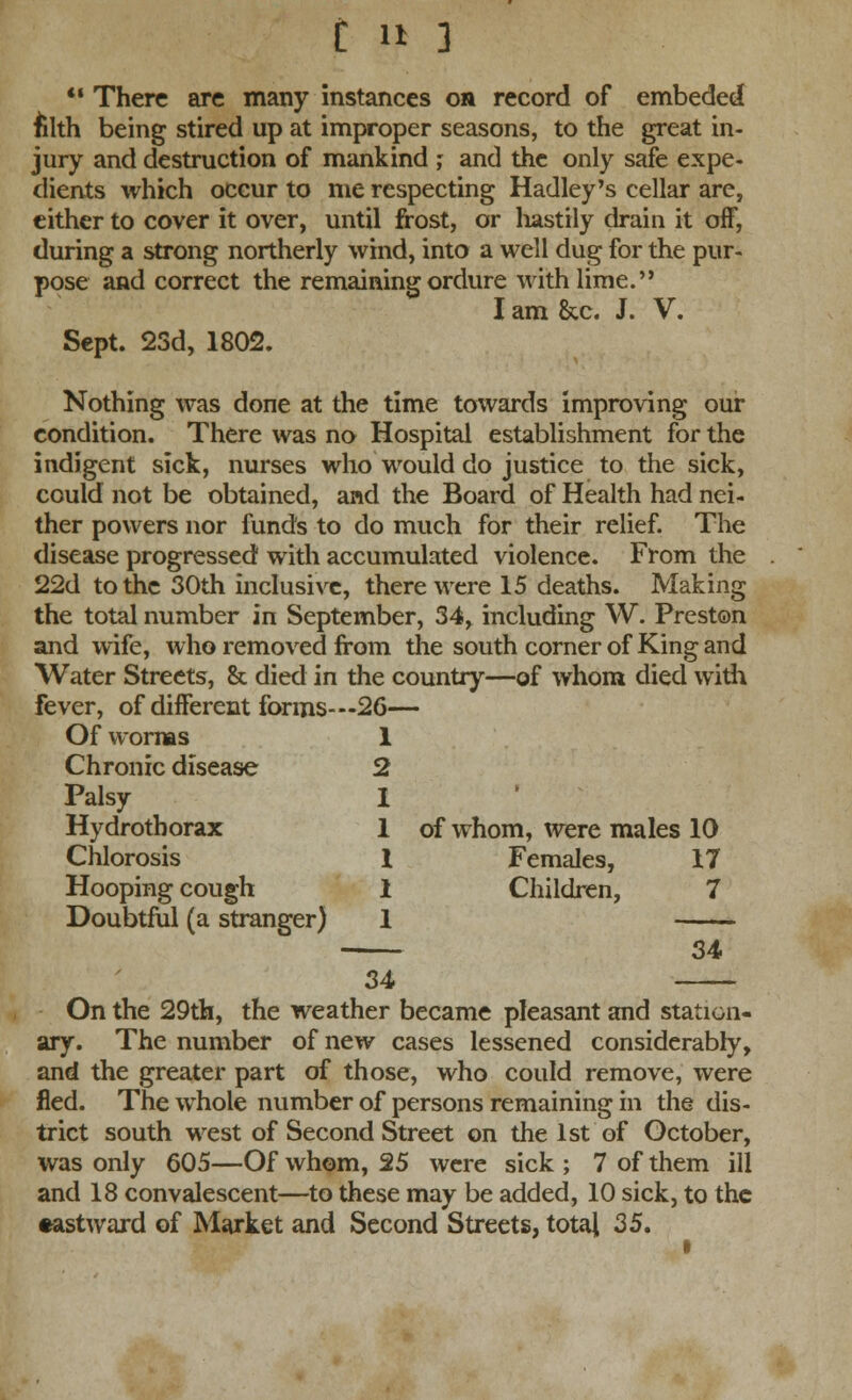 '• There are many instances on record of embeded tilth being stired up at improper seasons, to the great in- jury and destruction of mankind ,- and the only safe expe- dients which occur to me respecting Hadley's cellar are, either to cover it over, until frost, or hastily drain it off, during a strong northerly wind, into a well dug for the pur- pose and correct the remaining ordure with lime. I am &c. J. V. Sept. 23d, 1802. Nothing was done at the time towards improving our condition. There was no Hospital establishment for the indigent sick, nurses who would do justice to the sick, could not be obtained, and the Board of Health had nei- ther powers nor funds to do much for their relief. The disease progressed with accumulated violence. From the 22d to the 30th inclusive, there were 15 deaths. Making the total number in September, 34, including W. Preston and wife, who removed from the south corner of King and Water Streets, & died in the country—of whom died with fever, of different forms-—26— Of worms 1 Chronic disease 2 Palsy Hydrothorax 1 1 of whom, were males 10 Chlorosis 1 Females, 17 Hooping cough 1 Children, 7 Doubtful (a stranger) 1 34. 34 On the 29th, the weather became pleasant and station- ary. The number of new cases lessened considerably, and the greater part of those, who could remove, were fled. The whole number of persons remaining in the dis- trict south west of Second Street on the 1st of October, was only 605—Of whom, 25 were sick ; 7 of them ill and 18 convalescent—to these may be added, 10 sick, to the eastward of Market and Second Streets, total 25.
