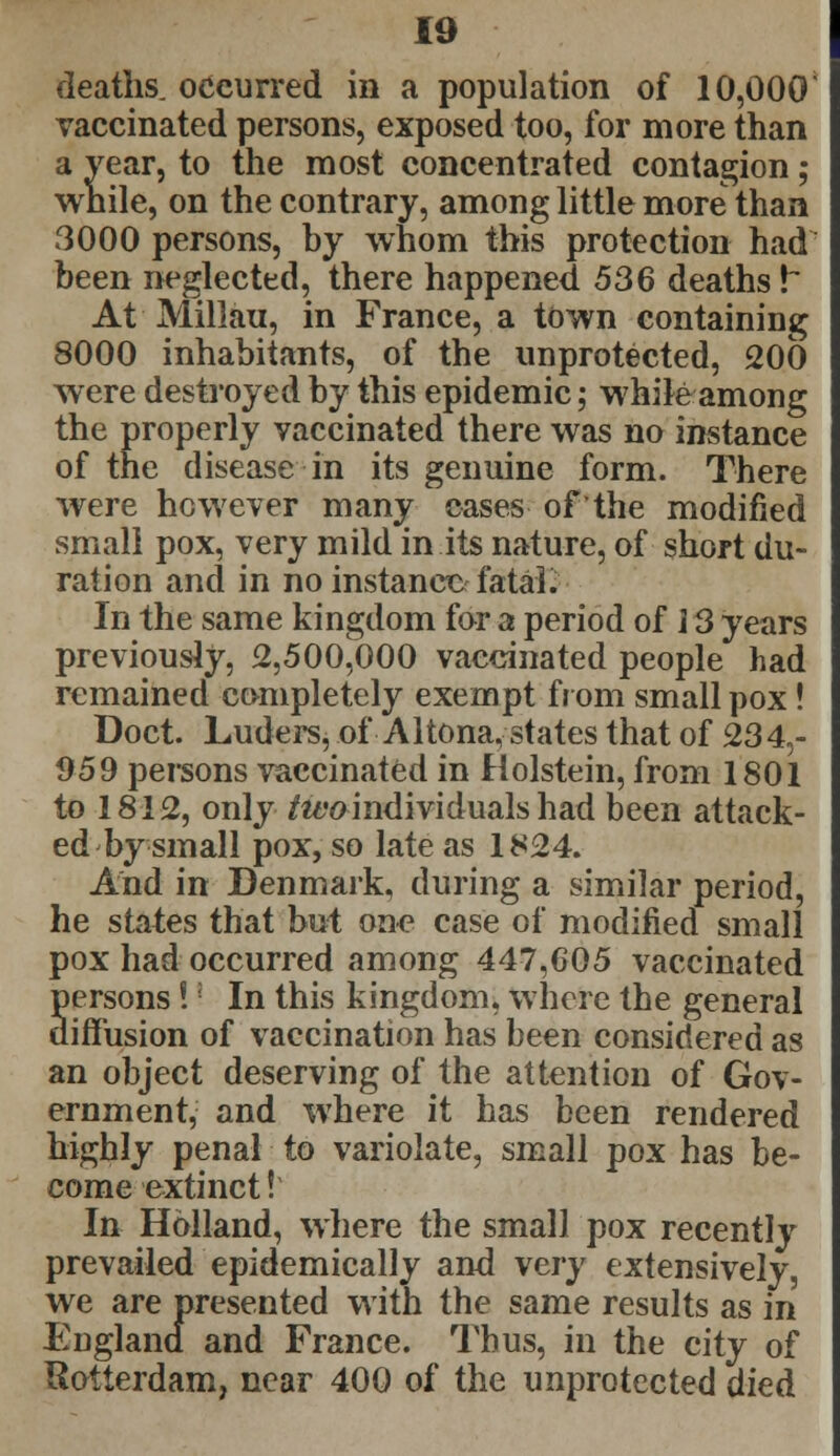 deaths, occurred in a population of 10,000 vaccinated persons, exposed too, for more than a year, to the most concentrated contagion; while, on the contrary, among little more than 3000 persons, by whom this protection had been neglected, there happened 536 deaths!~ At Millau, in France, a town containing 8000 inhabitants, of the unprotected, 200 were destroyed by this epidemic; while among the properly vaccinated there was no instance of the disease in its genuine form. There were however many cases of the modified small pox, very mild in its nature, of short du- ration and in no instance fatal. In the same kingdom for a period of i 3 years previously, 2,500j000 vaccinated people had remained completely exempt from small pox! Doct. Luders, of Altona, states that of 234,- 059 persons vaccinated in Holstein, from 1801 to 1812, only two individuals had been attack- ed by small pox, so late as 1824. And in Denmark, during a similar period, he states that but one case of modified small pox had occurred among 447,605 vaccinated Sersons'.; In this kingdom, where the general iffusion of vaccination has been considered as an object deserving of the attention of Gov- ernment, and where it has been rendered highly penal to variolate, small pox has be- come extinct! In Holland, where the small pox recently prevailed epidemically and \ery extensively, we are presented with the same results as in England and France. Thus, in the city of Rotterdam, near 400 of the unprotected died