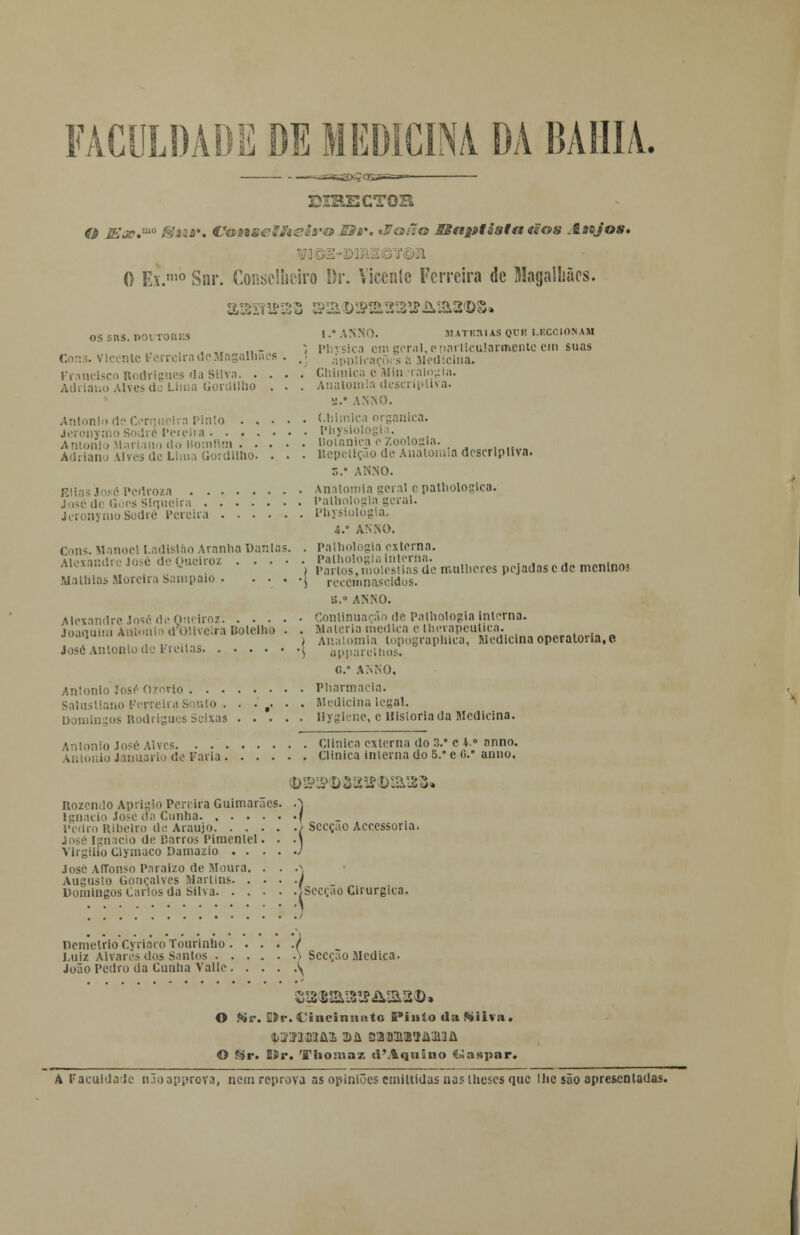 FACULDADE DE MEDICINA DA BAHIA. DIRECTOR O J£òc.'-no S»u: Canse!fteia'& SSb: Jfoão IgfigptásttKiios .Itejos» 1 O Ex.m0 Snr. Conselheiro Dr. Vicente Ferreira de Magalhães. OS SIIS. nOUTOIlBS l.'ANNO. MATRMAS QUB LECCIONAM , , ,, - -, phvsica em geral, e particularmente cm suas Gons.Vic nlc Ferreira de Magalhães . ,í àpoHeaçõi-s a Medicina. Prancisco Rodrigues da Silva ' Chimica e Mineralogia. Adriano Alves de Lima Gordllho . . . Analomin dcscriptiva. •j. ANNO. Antoniodc( Pinto Uiimica orgânica. Jcronymo Sodré Pereira Physiologia. António Mariano do Bomnro Botânica e Zoologia. Adriano Alves de Lima Gordllho. . . . Repetição de Analomia dcscrlpllva. 5. ANNO. Elias José Pcdroza Anatomia geral c pathologlea. José de Góes Siqueira Palhologla geral. Jeronymo Sodré 1'erciia Physiologia. k.° ANNO. Cons. Manoel Ladislao Aranha Dantas. . Palhologla externa. iiotandri» José de Oueiroz Palhologia interna. Aicxanurcjose w l»^«™* Partos, moléstias de mulheres pejadas c de meninos Malhias Moreira Sampaio > rcccmnascldos. B.« ANNO. Alexandre José de Oueiroz Continuação de Palhologla interna. loaauim Anloain d'Ollveira Botelho . . Matéria medica etherapeutica. . joaquuuAiu Anatomia topographica, Medicina operatória, e José António de 1-reilas $ appareliios. G.° ANNO, António Jos(^07orio Pharmacia. Salusliano Ferreira Souto . ...... Medicina legal. Domingos Rodrigues Seixas Hygiene, e Hisioriada Medicina. António José Alves Clinica externa do 3.* c 4.° nnno. io Januário de Faria Clinica interna do 5.° e 0.* anuo, <D©S<D325P©2&3§» Rozcniio Aprigio Pereira Guimarães. .\ lgnacio José da Cunha ( Pedro Ribeiro de Araújo / Secção Aeeessona. I jnacio de Danos Pimentel. • -\ Virgílio Clymaco Damazio ) José AiTonso Paraizo de Moura, . . a Augusto Gonçalves Martins / Domingos Carlos da Silva [Secção Cirúrgica. Demétrio Cyriâco Tourinho ( i.ni/. Alvares dos Santos \ Secção Medica. João Pedro da Cunha Valle \ O Kr. £>r. Cincininito Pinto da Silva. {iTOlMHtM 3>ii 53B31!Bíâ-J13i\ O Sr* Sír. Thomaz dMquino Gaspar. A Faculdade nãoapprova, nem reprova as opiniões emittidas nas llicscs que lhe são apresentadas.