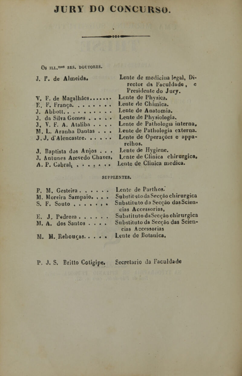 JURi DO CONCURSO. OS ILL.™08 SRS. DOUTORES. J. T. de Almeida, Lente de medicina legal, Di- rector da faculdade , e Presidente do Jurj. V. F„ de Magalhães Lente de Physica. Tj. F. França Lente de Chiinica. «J. Abbott. Lente de Anatomia. J. da Silva Gomes Lente de Physiologia. 3, V, F. A. Ataliba .... Lente de Palhologia interna, M. L. Aranha Dantas . . . Lente de Palhologia externa. J. J. d'Alencastre Lente de Operações e appa- rclhos. J. Baptista dos Anjos . . . Lente de Hygiene. J. Antunes Azevedo Chaves, Lente de Clinica chirurgica, A. P. Cabralt ....... Lente de Cliuica medica. SLPPLENTES. F. M. Gesteira Lente de Parthos/ 11. Moreira Sampaio. , . . SubstihilodaSecçãochirurgica S. F. Souto ,....»• Substituto da Secção dasScient cias Accessorias, E. J. P«droza SubstitutodaSccçãochirurgica M. A. dos Santos .... Substituto da Secção das Scien- cias Accessorias M. M. Reboueas Lente de Botauica. P. J. S. Brilto Cotigipe. Secretario da Faculdade