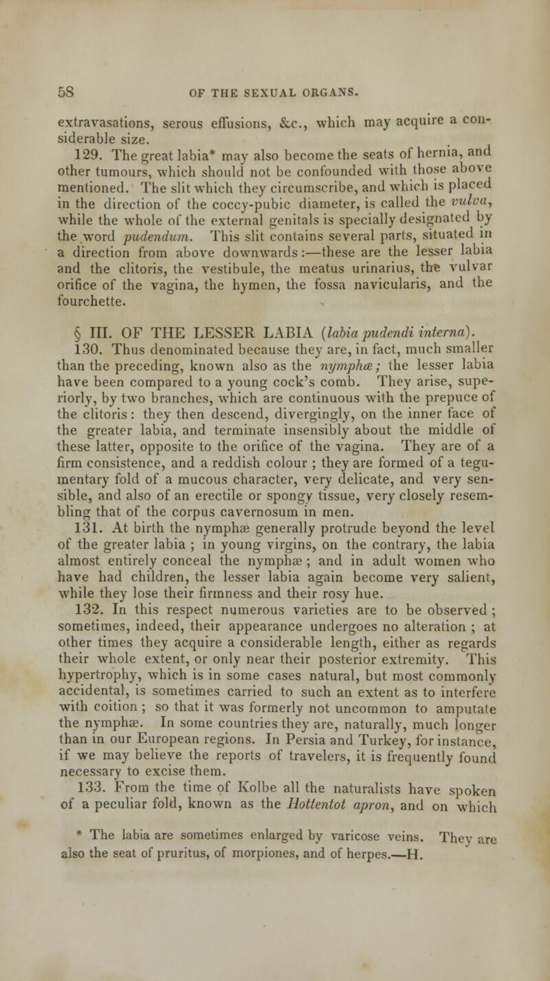 extravasations, serous effusions, &.c, which may acquire a con- siderable size. 129. The great labia* may also become the seats of hernia, and other tumours, which should not be confounded with those above mentioned. The slit which they circumscribe, and which is placed in the direction of the coccy-pubic diameter, is called the vidua, while the whole of the external genitals is specially designated by the word pudendum. This slit contains several parts, situated m a direction from above downwards:—these are the lesser labia and the clitoris, the vestibule, the meatus urinarius, the vulvar orifice of the vagina, the hymen, the fossa navicularis, and the fourchette. § III. OF THE LESSER LABIA (labia pudendi interna). 130. Thus denominated because they are, in fact, much smaller than the preceding, known also as the nymphce; the lesser labia have been compared to a young cock's comb. They arise, supe- riorly, by two branches, which are continuous with the prepuce of the clitoris: they then descend, divergingly, on the inner face of the greater labia, and terminate insensibly about the middle of these latter, opposite to the orifice of the vagina. They are of a firm consistence, and a reddish colour ; they are formed of a tegu- mentary fold of a mucous character, very delicate, and very sen- sible, and also of an erectile or spongy tissue, very closely resem- bling that of the corpus cavernosum in men. 131. At birth the nymphae generally protrude beyond the level of the greater labia ; in young virgins, on the contrary, the labia almost entirely conceal the nymphae ; and in adult women who have had children, the lesser labia again become very salient, while they lose their firmness and their rosy hue. 132. In this respect numerous varieties are to be observed ; sometimes, indeed, their appearance undergoes no alteration ; at other times they acquire a considerable length, either as regards their whole extent, or only near their posterior extremity. This hypertrophy, which is in some cases natural, but most commonly accidental, is sometimes carried to such an extent as to interfere with coition ; so that it was formerly not uncommon to amputate the nymphae. In some countries they are, naturally, much longer than in our European regions. In Persia and Turkey, for instance, if we may believe the reports of travelers, it is frequently found necessary to excise them. 133. From the time of Kolbe all the naturalists have spoken of a peculiar fold, known as the Hottentot apron, and on which * The labia are sometimes enlarged by varicose veins. They are also the seat of pruritus, of morpiones, and of herpes.—H.