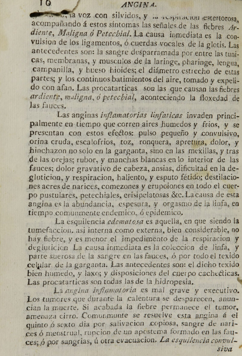 Wa voz con silvidos, y ,„ .v^-n^un estertorosa acompañando á estos síntomas las señales de las fiebres A?. diente, Maligna ó PetecbiaL La causa inmediata es la con- vulsión de los ligamentos, ó cuerdas vocales de la glotis. Las antecedentes son: la sangre desparramada por entre las túni- cas, membranas, y muscu!os de la laringe, pharinge, lengua, campanilla, y hueso hioides;el diámetro estrecho de estas partes,; y los continuos batimientos del aire, tomado y expeli- do con afán. Las prccatartieas sou las que causan las fiebres ardiente, maligna, ó petecbial, aconteciendo la íloxedad de Jas fauces. Las anginas inflamatorias linfáticas invaden princi- palmente en tiempo que corren aires húmedos y fríos, y se presentan con estos efectos: pulso pequeño y convulsivo, .orina cruda, escalofríos, toz, ronquera, apretura, dolor, y hinchazón no solo en la garganta, sino en las mexillas, y tras 4e las orejas; rubor, y manchas blancas en lo interior de las fauces; dolor gravativo de cabeza,ansias, dificultad en la de- gluticion, y respiración, haiiento, y esputo fétido; destilacio- nes acres de narices, comezones y erupciones en todo el cuer- po pustulares, petechlales, erisipelatosas &c. La causa de esta angina e¿¡ la abundancia, espesura, y orgasmo.de la linfa, en tiempo comunmente endémico, ó epidémico» La esquilencia edematosa es aquella, en que siendo la tumefacción, asi interna,como externa, bien considerable, no hay fiebre, y es menor el impedimento de la respiración y degiuikicn La causa inmediata es la colección de linfa, y parte suerosa de la sangre en las fauces, ó por todo el texido celujar de la garganta. Las antecedentes son: el .dicho texido bien húmedo, y laxo; y disposiciones del cuerpo cachedicas. Las pracatarticas son todas las de la .hidropesía. hz angina iifiam al ovia es mal grave y executivo. Los tumores que durante la calentura se desparecen, anun- cian la fruvrte. Si acabada Ja fiebre permanece el tumor, amenaza cirro. Comur.munie se resuelve esia s&gina á el quinto ó sexto dia por salivación copiosa, sangre de nari- ces ó menstrual, rupcioo de un apostema formado en las fau- ces;/) por sangrías, ú otra evacuación.. La esquilencia convul- siva