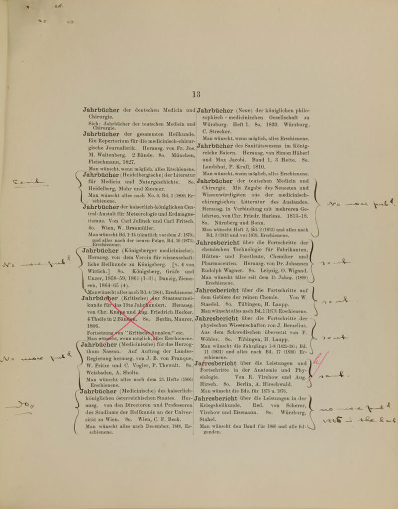 13 Jahrbücher <ler deutscheu Medicin und Jahrbücher ( Neue) der königlichen philo- sophisch - medicinischen Gesellschaft zu Würzburg. Heft 1. 80. 1830. Würzburg, C. Strecker. Man wünscht, wenn möglich, alles Erschienene. Chirurgie Sieh: Jahrbücher der teutschen Medicin und Chirurgie. Jahrbücher der gesammten Heilkunde. Ein Repertorium für die medicinisch-chirur- gische Journalistik. Herausg. von Fr. Jos.|Jahrbücher des Sanitätswesens im König M. Waltenberg. 2 Bände. 80. München, Fleischmann, 1827. Man wünscht, wenn möglich, alles Erschienene. reiche Baiern. Herausg. von Simon Häberl und Max Jacobi. Band 1, 3 Helte. 80. Landshut, P. Krull, 1810. r Jahrbücher (Heidelbergische) der Literatur wünscht, wenn möglich, alles Erschienene. \ für Medicin und Naturgeschichte. 80. Heidelberg, Mohr und Zimmer, j Man wünscht alles nach No. 6. Bd. 2 (1809) Er- i_ schienene. Jahrbücher der kaiserlich-königlichen Cen- trai-Anstalt für Meteorologie und Erdmagne- tismus. Von Carl Jelinek und Carl Fritsch. 4o. Wien, W. Braumüller. Man wünscht Bd. 1-14 (sämtlich vor dem J. 1870), und alles nach der neuen Folge, Bd. 10 (187.'5), Erschienene. (^Jahrbücher (Königsberger medicinische). \ Herausg. von dem Verein für wissenschaft- 3 liehe Heilkunde zu Königsberg, [v. 4 von \ Wittich.] 80. Königsberg, Gräfe und I Unzer, 1858-59, 1861 (1-3); Danzig, Ziems- I sen, 1864-65 (4). I Vilanwünscht alles nach Bd. 4(1864), Erschienene. Jahrbücher (Kritische) >der Staatsarznei- kiinde fündas 19te Jahcflundert. Herausg. von Chr. Knaj<ß und Jfiig. Friedrich llecker. 4Theilein2BiinH^ 1806. >/>s. Fortsetzung,yDn KritiscnKAnnalen, etc. Man wüi)*cht, wenn möglich,Ifclles Erschienene. Jahrbücher (Medicinische) für das Herzog- thum Nassau. Auf Auftrag der Landes- Kegierung herausg. von J. B. von Franque, W. Fritze und C. Vogler, P. Thewalt. 80 Weisbaden, A. Sholtz. Man wünscht alles nach dem 23. Hefte (1866) Erschienene. Fahrbücher (Medicinische) des kaiserlich- Jahrbücher der teutschen Medicin und Chirurgie. Mit Zugabe des Neuesten und Wissenwürdigsten aus der medicinisch- chirurgischen Litteratur des Auslandes. Herausg. in Verbindung mit mehreren Ge- lehrten, von Chr. Friedr. Harless. 1813-18. 80. Nürnberg und Bonn. Man wünscht Heft 2, Bd. 2 (1813) und alles nach Bd. 3 (1813 und vor 1819, Erschienene. Jahresbericht über die Fortschritte der chemischen Technologie für Fabrikanten, ' Hütten- und Forstleute, Chemiker und Pharmaceuten. Herausg. von Dr. Johannes Rudolph Wagner. 80. Leipzig, O. Wigand. Man wünscht hUes seit dem 15 Jahrg. (1869) Erschienene. Jahresbericht über die Fortschritte auf dem Gebiete der reinen Chemie. Von W. Staedel. 80. Tübingen, H. Laupp. Man wünscht alles nach Bd. 1 (1873) Erschienene. Berlin, Maurer, Jahresbericht über die Fortschritte der [ physischen Wissenschaften von J. Berzelius. Aus dem Schwedischen übersetzt von F. Wöhler. 80. Tübingen, II. Laupp. Man wünscht die Jahrgänge 1-8(1821-28); Bd. 11 (1831) und alles nach Bd. 17 (1838) Er- schienene. Jahresbericht über die Leistungen und Fortschritte in der Anatomie und Phy- siologie. Von R. Virchow und Aug. Hirsch. 80. Berlin, A. Hirschwald. Man wünscht die Bde. für 1875 u. 1876. königlichen österreichischen Staates. Her-Jahresbericht über die Leistungen in der ausg. von den Directoren und Professoren des Studiums der Heilkunde an der Univer-j sität zu Wien. 80. Wien, C. F. Beck. | Man wünscht alles nach Deeember, 1848, Er- schienene. Kriegsheilkunde. Red. von Scherer, Virchow und Eisemann. 80. Würzburg, Stahel. Man wünscht den Band für 1866 und alle fol- genden.