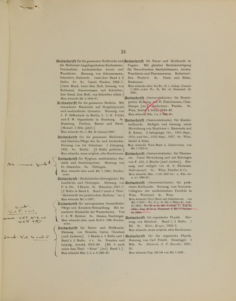 's. 24 Zeitschrift fiirdie gesammte Heilkunde und Zeitschrift für Natur-und Heilkunde in Ungarn. Mit gleicher Berücksichtigung für Naturforscher, Sanitätsbeamte, Aerzte, Wundärzte und Pharmaceuten. Redacteur: Dav. Wachtel. 4o. Pesth und Erlau, Heckenast. Man wünscht alles bis No. 27, 5, Jahrg. (Januar 5, 1855), sowie Xo. 39, Bd. vii (Septemb. 29, 1856). die Medicinal-Angelegenheiten Kurhessens:' V^ereinsblatt kurhessischer Aerzte und Wundärzte. Herausg. von Schoenemann, Schreiber, Siebrecht. lster-'2ler Band ä 2 Hefte. 2v. So. Cassel. Fischer, 1842-7. [Ister Band, l8tes-2tes Heft, herausg. von Rothamel, Schoenemann und Schreiber; 2ter Band, 2tes Heft, von Schreiber allein.] Man wünscht Bd. 2 (1844-47;. Zeitschrift Zeitschrift für die gesammte Medicin. Mit pathie. Her besonderer Rücksicht auf Hospitalpraxis und ausländische Literatur. Herausg. von J. F. Diffenbach in Berlin, J. C. G. Fricke und F. W. Oppenheim in Hamburg. 8o. Zeitschrift (Oesterreichische) für Kinder- Hamburg, Perthes, Besser und Mauk. Heilkunde. Reiligirt und herausg. unter Hampe [et Wien, Seid Man wünsc (Oesterreichische) für Homöo- l. Fleischmann, Clem. Jedacteur: Watzke. 8o. 4-48. [Monail. :> Bde. jährl.] Man wünscht No. 1, Bd. 40 (Januar 1849\ Zeitschrift für die gesammte Medizinal- und Sanitäts-Pflege des In- und Auslandes. Herausg. von Ad. Schnitzer. 1 Jahrgang, 1833. 8o. Berlin [9 Hefte publicirt.] Man wünscht, wenn lu-iglich. alles Erschienene. Zeitschrift (Oesterreichische) für Pharma Mitwirkung von Mautliner v. Mautstein und B. Kraus. 2 Jahrgänge, Oct., 1855-Sept., 18Ö6, und Oct., 13öü-Sept., 1857. 8o. Wien, Seidel & Sohn. Man wünscht Titel-Blatt u. Inhalisverz. von Bd. 1 (18.55-6). r Zeitschrift für Hygiene, medicinische Sta- \ tistik und Saiiitätspolizei. Herausg. von °\ Fr. Oeaterlen. 8o. Tübingen, i Man wünscht alles nach Bd. 1 (1860), Erschie- V nene. Zeitschrift (Medicinische-chirurgische) für Landärzte und Chirurgen. Herausg. von Zeitschrift (Oeslerreichische cie. Unter Mitwirkung und mit Beiträgen von F. Abi, J. Binder [und Andere]. Her- ausg. und redigirt von M. S. Ehrmann. Halb-monatl. 8o. Wien, Tendier & Co. Man wünscht Bde. i-viii (1847-54); u. Bde. xiv u. XV 11860-61). für prak- F. A.Ott. 4 Bände. 8o. München, 1831-7. [2 Hefte in Band 4. Band 1 unter d. Titel: Zeitsciirift der praktischen .Medicin, etc.] Man wünscht Bd. 4 (18;}7). Zeitschrift für naturgemässe Gesundheits- Pflege und Kranken-Behandlung. Mit be- sonderer Rücksicht der Wasserkuren. Von C. A. W. Richter. 8o. Dessau, Neubürger. Zeitschrift fär organische Physik Man wünscht alles nach Heft 6 (1860) Erschie- nene. f Zeitschrift für Natur- und Heilkunde 1 tische Heilkunde. Herausg. vom Üoctoren- Collegiuni der medicinischen Facultät in Wien. Wöchentl. 4o. Wien. Man wünscht Titel-Blatt mit Inhaltsverz. von Bd. 3(1857): No. 13 u.Bd. 4 (März 26: Juli. 2:^ 1858); Nu. 21) u. ilö. Ud. 0 (JUTST 6.; Aug~as ^ 1862); Pat(' 10 56 in Nummei 5, Cd. 9 I Ja.iuar- Her- ausg. von Schelver. Band 1, 2 Hefte. 1 Bd. 8o. Holle, Reriijer, 1802-3. Man wünscht, wenn möglich, alles Erschienene. Herausg. von Brosche, Carus, Choulant [und Anderen]. 5 Bände ä 3 Hefte und 1 Zeitschrift für die organische Physik Band ä 2 Hefte. 6 v. 8o. Dresden und Leipzig, Arnold, 1819-30. [Bd. 6 auch unter dem Titel: Neue [etc]. Band 1.] Herausg. von Carl Friedr. Heusinger. 3 Bde. 8o. Eiaen.ich, J. F. Jiarerke, 1827- 28.