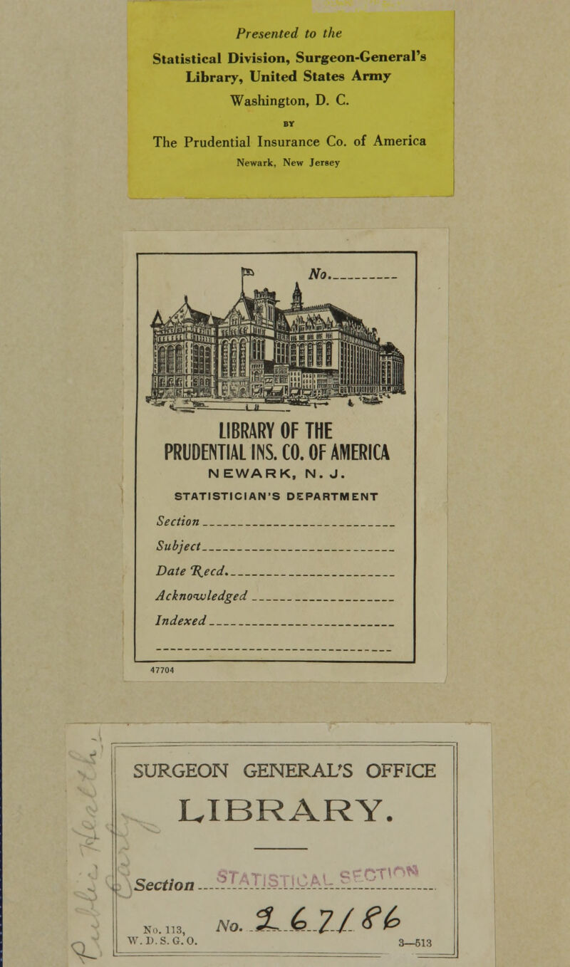 Presented to the Statistical Division, Surgeon-General's Library, United States Army Washington, D. C. BY The Prudential Insurance Co. of America Newark, New Jersey LIBRARY OF THE PRUDENTIAL INS. CO. OF AMERICA NEWARK, N. J. STATISTICIAN'S DEPARTMENT Section Subject Date%ecd Acknowledged Indexed SURGEON GENERAL'S OFFICE LIBRARY. Seetfon-STATJSI SSCTW* No. ±A2l ?£> No. 113, W. D.S.G.O 3—613