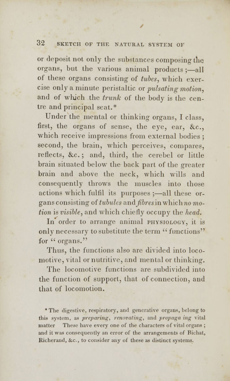 or deposit not only the substances composing the. organs, but the various animal products ;—all of these organs consisting of tubes, which exer- cise only a minute peristaltic or pulsating motion, and of which the trunk of the body is the cen- tre and principal seat.* Under the mental or thinking organs, I class, first, the organs of sense, the eye, ear, &c, which receive impressions from external bodies ; second, the brain, which perceives, compares, reflects, &c.; and, third, the cerebel or little brain situated below the back part of the greater brain and above the neck, which wills and consequently throws the muscles into those actions which fulfil its purposes ;—all these or- gans consisting of tubules and fibres in which no mo- tion is visible, and which chiefly occupy the head. In* order to arrange animal physiology, it is only necessary to substitute the term  functions for  organs. Thus, the functions also are divided into loco- motive, vital or nutritive, and mental or thinking. The locomotive functions are subdivided into the function of support, that of connection, and that of locomotion. * The digestive, respiratory, and generative organs, belong to this system, as preparing, renovating, and propaga ing vital matter These have every one of the characters of vital organs ; and it was consequently an error of the arrangements of Bichat, Richerand, &,c, to consider any of these as distinct systems.