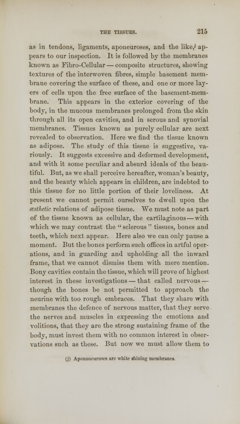 as in tendons, ligaments, aponeuroses, and the like,j ap- pears to our inspection. It is followed by the membranes known as Fibro-Cellular — composite structures, showing textures of the interwoven fibres, simple basement mem- brane covering the surface of these, and one or more lay- ers of cells upon the free surface of the basement-mem- brane. This appears in the exterior covering of the body, in the mucous membranes prolonged from the skin through all its open cavities, and in serous and synovial membranes. Tissues known as purely cellular are next revealed to observation. Here we find the tissue known as adipose. The study of this tissue is suggestive, va- riously. It suggests excessive and deformed development, and with it some peculiar and absurd ideals of the beau- tiful. But, as we shall perceive hereafter, woman's beauty, and the beauty which appears in children, are indebted to this tissue for no little portion of their loveliness. At present we cannot permit ourselves to dwell upon the (Esthetic relations of adipose tissue. We must note as part of the tissue known as cellular, the cartilaginous—with which we may contrast the  sclerous  tissues, bones and teeth, which next appear. Here also we can only pause a moment. But the bones perform such ofiices in artful oper- ations, and in guarding and upholding all the inward frame, that we cannot dismiss them with mere mention. Bony cavities contain the tissue, which will prove of highest interest in these investigations — that called nervous — though the bones be not permitted to approach the neurine with too rough embraces. That they share with membranes the defence of nervous matter, that they serve the nerves and muscles in expressing the emotions and volitions, that they are the strong sustaining frame of the body, must invest them with no common interest in obser- vations such as these. But now we must allow them to (j) Apononcuroscs arc white shining membranes.