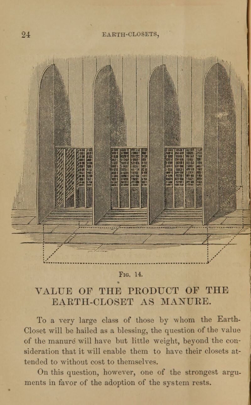 Fig. 14. VALUE OF THE PRODUCT OF THE EARTH-CLOSET AS MANURE. To a very large class of those by -whom the Earth- Closet will be hailed as a blessing, the question of the value of the manure will have but little weight, beyond the con- sideration that it will enable them to have their closets at- tended to without cost to themselves. On this question, however, one of the strongest argu- ments in favor of the adoption of the system rests.