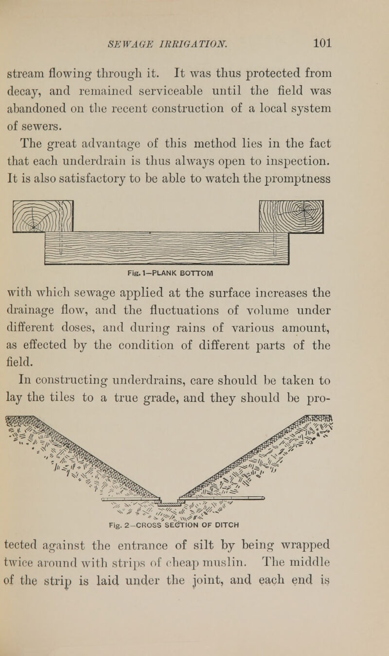 stream flowing through it. It was thus protected from decay, and remained serviceable until the field was abandoned on the recent construction of a local system of sewers. The great advantage of this method lies in the fact that each underdrain is thus always open to inspection. It is also satisfactory to be able to watch the promptness Fig. 1—PLANK BOTTOM with which sewage applied at the surface increases the drainage flow, and the fluctuations of volume under different doses, and during rains of various amount, as effected by the condition of different parts of the field. In constructing underdrains, care should be taken to lay the tiles to a true grade, and they should be pro- Fig. 2-CROSS SECTION OF DITCH tected against the entrance of silt by being wrapped twice around with strips of cheap muslin. The middle of the strip is laid under the joint, and each end is