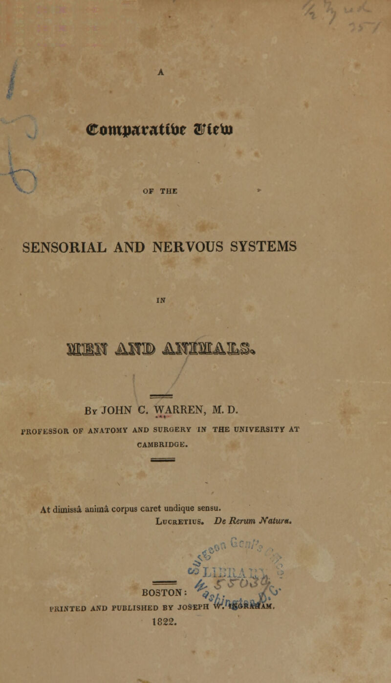 eomjwcratitoe Srteto OF THE SENSORIAL AND NERVOUS SYSTEMS mmm aww AmimAm By JOHN C. WARREN, M. D. PROFESSOR OF ANATOMV AND SURGERY IN THE UNIVERSITY AT CAMBRIDGE. At diuaissa aniraa corpus caret undique sensu. Lucretius. De Rerum Natura. PRINTED AND PUBLISHED BY JOSEPH 1822. BOSTON: *#^7. /.J iWlgifcirfAM.