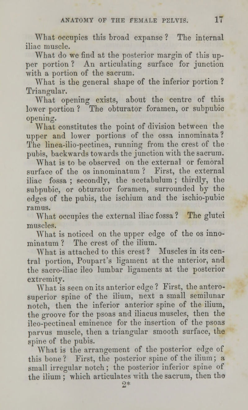What occupies this broad expanse ? The internal iliac muscle. What do we find at the posterior margin of this up- per portion ? An articulating surface for junction with a portion of the sacrum. What is the general shape of the inferior portion ? Triangular. What opening exists, about the centre of this lower portion ? The obturator foramen, or subpubic opening. What constitutes the point of division between the upper and lower portions of the ossa innominata ? The linea-ilio-pectinea, running from the crest of the pubis, backwards towards the junction with the sacrum. What is to be observed on the external or femoral surface of the os innominatum ? First, the external iliac fossa ; secondly, the acetabulum ; thirdly, the subpubic, or obturator foramen, surrounded by the edges of the pubis, the ischium and the ischio-pubic ramus. What occupies the external iliac fossa ? The glutei muscles. What is noticed on the upper edge of the os inno- minatum ? The crest of the ilium. What is attached to this crest ? Muscles in its cen- tral portion, Poupart's ligament at the anterior, and the sacro-iliac ileo lumbar ligaments at the posterior extremity. What is seen on its anterior edge ? First, the antero- superior spine of the ilium, next a small semilunar notch, then the inferior anterior spine of the ilium, the groove for the psoas and iliacus muscles, then the ileo-pectineal eminence for the insertion of the psoas parvus muscle, then a triangular smooth surface, the spine of the pubis. What is the arrangement of the posterior edge of this bone ? First, the posterior spine of the ilium; a small irregular notch; the posterior inferior spine of the ilium ; which articulates with the sacrum, then the o*