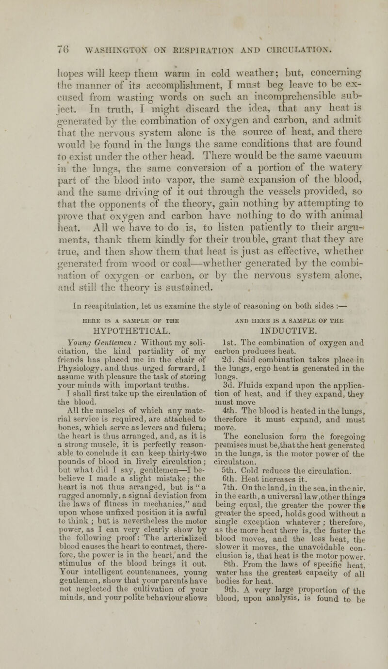 hopes will keep tlicm warm in cold weather; but, concerning the manner of its accomplishment, I must beg leave to be ex- cused from wasting words on such an incomprehensible sub- ject. In truth, I might discard the idea, that any heart is generated by the combination of oxygen and carbon, and admit that the nervous system alone is the source of heat, and there would be found in the lungs the same conditions that arc found to exist under the other head. There would be the same vacuum in the lungs, the same conversion of a portion of the watery part of the blood into vapor, the same expansion of the blood, and the same driving of it out through the vessels provided, so that the opponents of the theory, gain nothing by attempting to prove that oxygen and carbon have nothing to do with animal heat. All we have to do is, to listen patiently to their argu- ments, thank them kindly for their trouble, grant that they are true, and then show them that heat is just as effective, whether generated from wood or coal—whether generated by the combi- nation of oxygen or carbon, or by the nervous system al and still the theory is sustained. In recapitulation, let us examine the style of reasoning on both sides :— HERE IS A SAMPLE OF THE HYPOTHETICAL. Young Gentlemen : Without my soli- citation, the kind partiality of my friends has placed me in the chair of Physiology, and thus urged forward, I assume with pleasure the task of storing your minds with important truths. I shall first take up the circulation of the blood. All the muscles of which any mate- rial service is required, are attached to bones, which serve as level's and fulcra; the heart is thus arranged, and, as it is a strong muscle, it is perfectly reason- able to conclude it can keep thirty-two pounds of blood in lively circulation ; but what did I say, gentlemen—I be- believe I made a slight mistake; the heart is not thus arranged, but is  a rugged anomaly, a signal deviation from the laws of fitness in mechanics, and upon whose unfixed position it is awful to think ; but is nevertheless the motor power, as I can very clearly show by tin following proof: The arteri&lized blood causes the heart to contract, there- fore, the power is in the heart, and the stimulus of the blood brings it out. Your intelligent countenances, young gentlemen, show that your parents have not neglected the cultivation of your minds, and your polite behaviour shows AND HERE IS A SAMPLE OF THE INDUCTIVE. 1st. The combination of oxygen and carbon produces heat. 2d. Said combination takes place in the lungs, ergo heat is generated in the lungs. 3d. Fluids expand upon the applica- tion of heat, and if they expand, they must move 4th. The blood is heated in the lungs, therefore it must expand, and must move. The conclusion form the foregoing premises must be.that the heat generated in the lungs, is the motor power of the circulation. 5th. Cold reduces the circulation. 6th. Heat increases it. 7th. On the land, in the sea, in the air. in the earth, a universal law,other things being equal, the greater the power the greater the speed, holds good without a single exception whatever; therefore, as the more heat there is, the faster the blood moves, and the less heat, the slower it moves, the unavoidable con- clusion is, that heat is the motor power. 8th. From the laws of specific heat, water has the greatest capacity of all bodies for heat. 9th. A very large proportion of the blood, upon analysis, is found to be