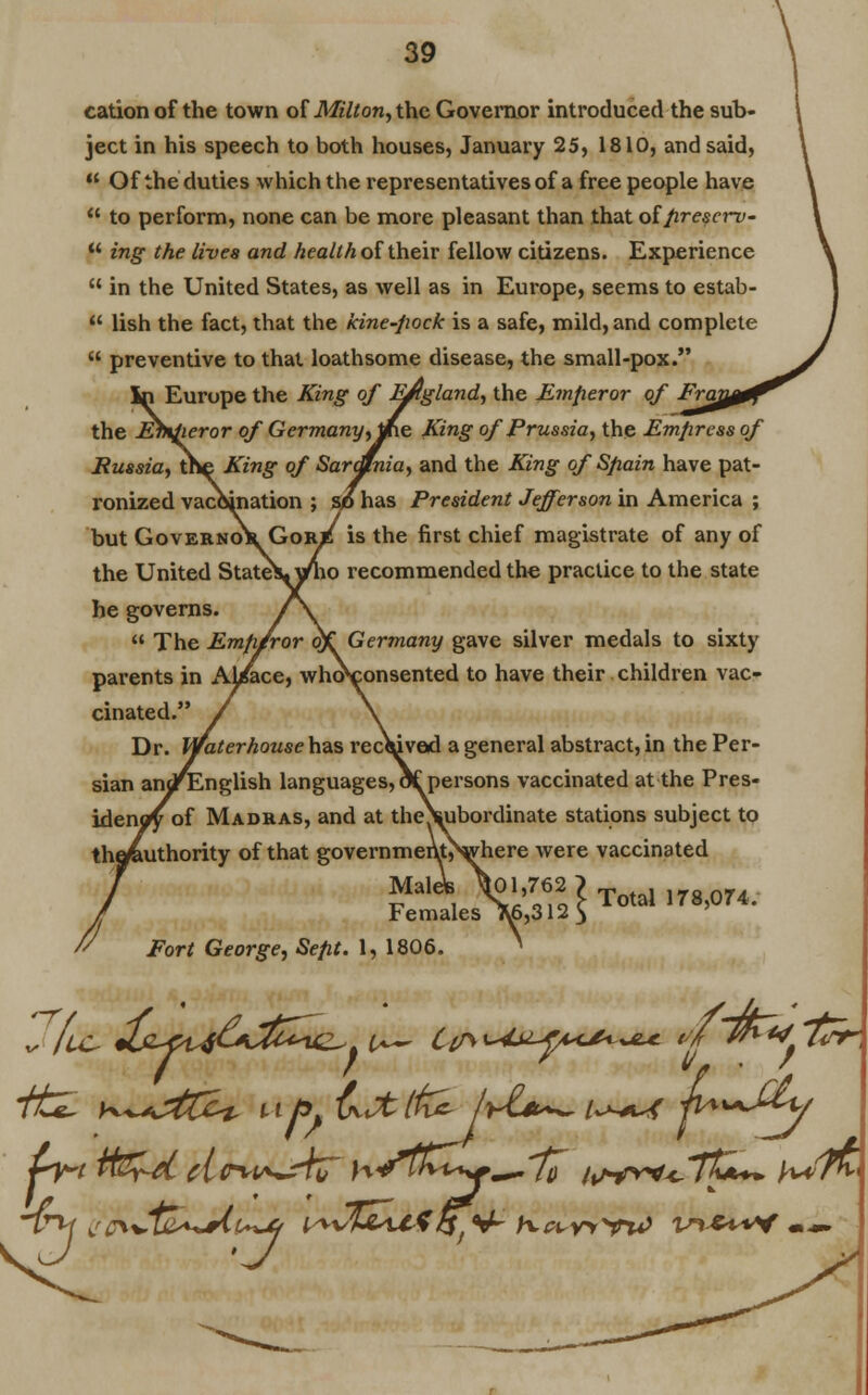 cation of the town of Milton, the Governor introduced the sub- ject in his speech to both houses, January 25, 1810, and said,  Of the duties which the representatives of a free people have  to perform, none can be more pleasant than that oiprescrv-  ing the lives and health of their fellow citizens. Experience  in the United States, as well as in Europe, seems to estab-  lish the fact, that the kine-pock is a safe, mild, and complete  preventive to that loathsome disease, the small-pox. Europe the King of Eftgland, the Emperor of Frai the Ebiperor of Germany, t/he King of Prussia, the Empress of Russia, the King of Sar&nia, and the King of Spain have pat- ronized vaccination ; so has President Jefferson in America ; but Governor Gor/ is the first chief magistrate of any of the United State\\/ho recommended the practice to the state he governs.  The Emp/ror oY Germany gave silver medals to sixty parents in Abface, whcVonsented to have their children vac- cinated. Dr. Waterhouse has received a general abstract, in the Per- sian andrEnglish languages, of persons vaccinated at the Pres- idency of Madras, and at theVibordinate stations subject to th^authority of that government^yhere were vaccinated MaleV Females Fort George, Sept. 1, 1806. K) 1,762 } \6,312$ Total 178,074. Vy-