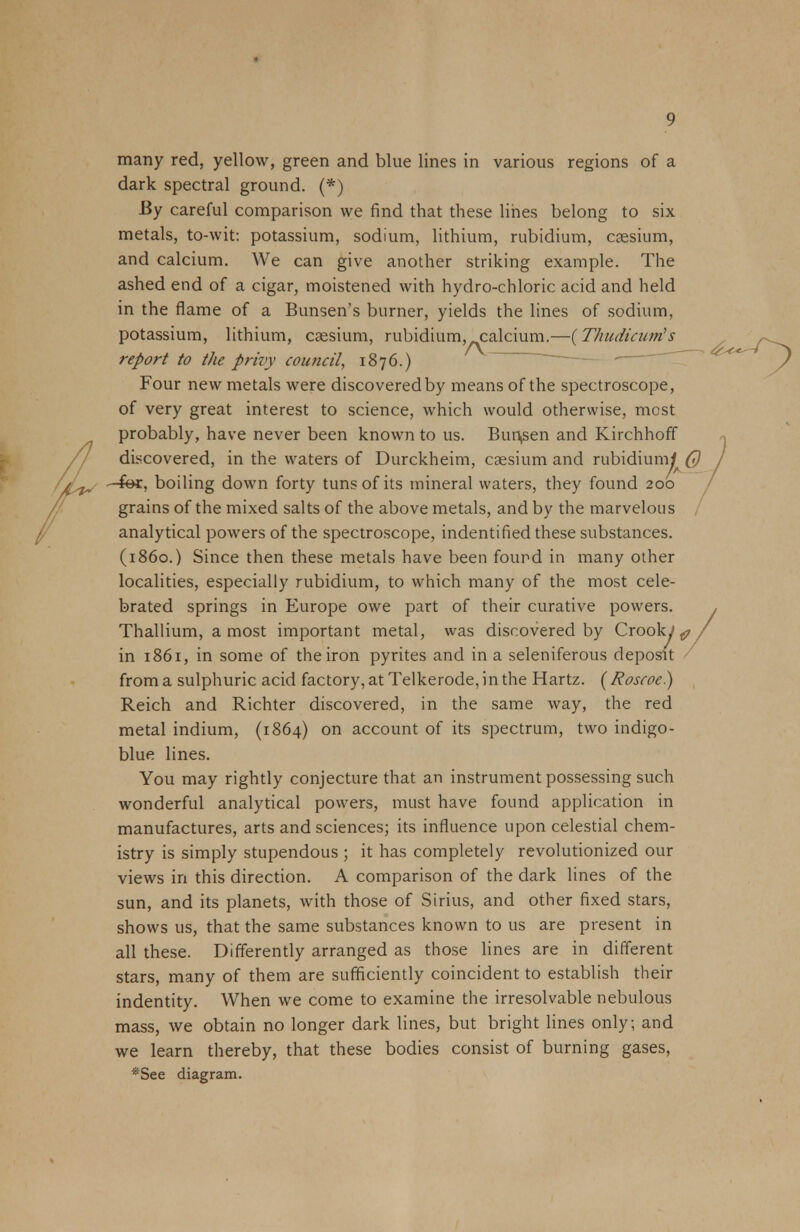 many red, yellow, green and blue lines in various regions of a dark spectral ground. (*) By careful comparison we find that these lines belong to six metals, to-wit: potassium, sodium, lithium, rubidium, caesium, and calcium. We can give another striking example. The ashed end of a cigar, moistened with hydro-chloric acid and held in the flame of a Bunsen's burner, yields the lines of sodium, potassium, lithium, caesium, rubidium^alcium.—{ThudicunCs report to the privy council, 1876.) Four new metals were discovered by means of the spectroscope, of very great interest to science, which would otherwise, most probably, have never been known to us. Bun,sen and Kirchhoff discovered, in the waters of Durckheim, caesium and rubidium^ Q —foe, boiling down forty tuns of its mineral waters, they found 200 grains of the mixed salts of the above metals, and by the marvelous analytical powers of the spectroscope, indentified these substances. (i860.) Since then these metals have been found in many other localities, especially rubidium, to which many of the most cele- brated springs in Europe owe part of their curative powers. in 1861, in some of the iron pyrites and in a seleniferous deposit from a sulphuric acid factory, at Telkerode, in the Hartz. (Roscoe.) Reich and Richter discovered, in the same way, the red metal indium, (1864) on account of its spectrum, two indigo- blue lines. You may rightly conjecture that an instrument possessing such wonderful analytical powers, must have found application in manufactures, arts and sciences; its influence upon celestial chem- istry is simply stupendous ; it has completely revolutionized our views in this direction. A comparison of the dark lines of the sun, and its planets, with those of Sirius, and other fixed stars, shows us, that the same substances known to us are present in all these. Differently arranged as those lines are in different stars, many of them are sufficiently coincident to establish their indentity. When we come to examine the irresolvable nebulous mass, we obtain no longer dark lines, but bright lines only; and we learn thereby, that these bodies consist of burning gases, *See diagram. Thallium, a most important metal,