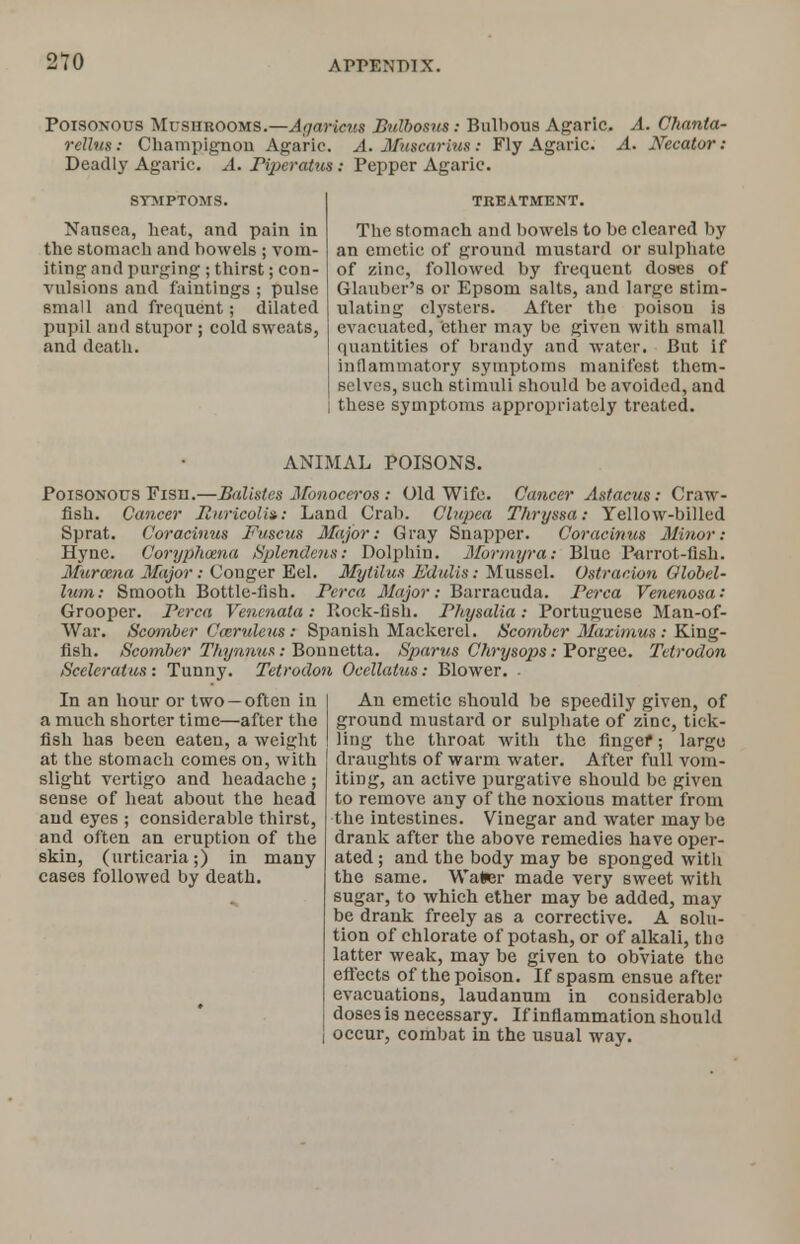 Poisonous Mushrooms.—Aaaricus BuUxmu: Bulbous Agaric. A. Chanta- rellus: Champignon Agaric. A. Muscarius : Fly Agaric. A. Necator : Deadly Agaric. A. Piperatus : Pepper Agaric. symptoms. Nausea, heat, and pain in the stomach and bowels ; vom- iting and purging ; thirst; con- vulsions and faintings ; pulse small and frequent; dilated pupil and stupor ; cold sweats, and death. TREATMENT. The stomach and bowels to be cleared by an emetic of ground mustard or sulphate of zinc, followed by frequent doses of Glauber's or Epsom salts, and large stim- ulating clysters. After the poison is evacuated, ether may be given with small quantities of brandy and water. But if inflammatory symptoms manifest them- selves, such stimuli should be avoided, and these symptoms appropriately treated. ANIMAL POISONS. Poisonous Fish.—Balistes Monoceros: Old Wife. Cancer Astacus: Craw- fish. Cancer Ruricoli*: Land Crab. Clupea Thryssa: Yellow-billed Sprat. Coracinus Fuscus Major: Gray Snapper. Coracinus Minor: Hync. Coryphana Splendent: Dolphin. Mormyra: Blue Parrot-fish. Murccna Major: Conger Eel. Mytilun Edulis: Mussel. Ostracion Qlobel- lum: Smooth Bottle-fish. Terca Major: Barracuda. Perca Venenosa: Grooper. Perca Venenata : Rock-fish. Physalia: Portuguese Man-of- War. Scomber Cwruleus: Spanish Mackerel. Scomber Maximus : King- fish. Scomber Thynnum : Bounetta. Sparus Chrysops: Porgee. Tetrodon Sceleratus: Tunny. Tetrodon Ocellattts: Blower. . In an hour or two —often in a much shorter time—after the fish has been eaten, a weight at the stomach comes on, with slight vertigo and headache; sense of heat about the head and eyes ; considerable thirst, and often an eruption of the skin, (urticaria;) in many cases followed by death. An emetic should be speedily given, of ground mustard or sulphate of zinc, tick- ling the throat with the fingef; large draughts of warm water. After full vom- iting, an active purgative should be given to remove any of the noxious matter from the intestines. Vinegar and water may be drank after the above remedies have oper- ated ; and the body may be sponged with the same. Water made very sweet witli sugar, to which ether may be added, may be drank freely as a corrective. A solu- tion of chlorate of potash, or of alkali, the latter weak, may be given to obviate the effects of the poison. If spasm ensue after evacuations, laudanum in considerable doses is necessary. If inflammation should occur, combat in the usual way.