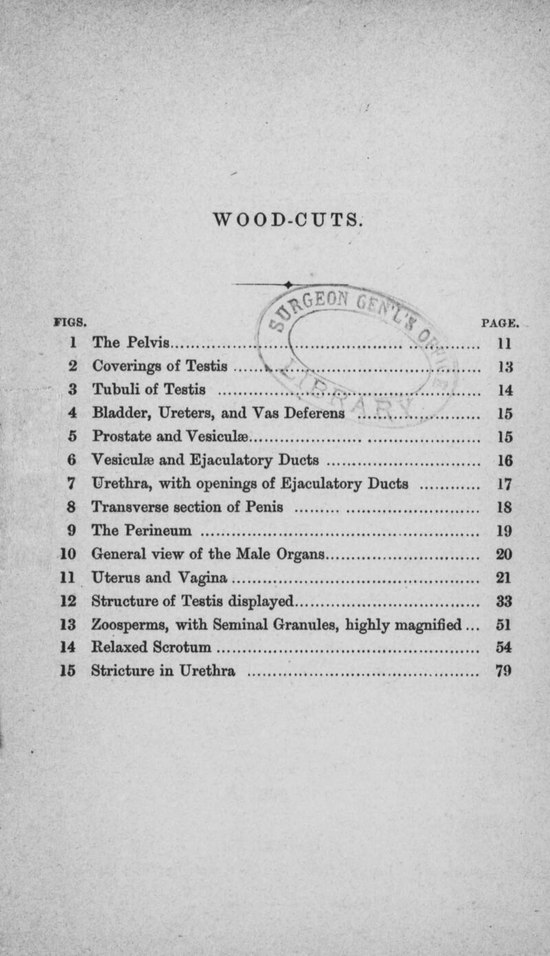 WOOD-CUTS. F1G8. / tqf PAGE. 1 The Pelvis L...L ? 11 2 Coverings of Testis v..v... 13 3 Tubuli of Testis ...?. 14 4 Bladder, Ureters, and Vas Deferens 15 5 Prostate and Vesiculae 15 6 Vesiculae and Ejaculatory Ducts 16 7 Urethra, with openings of Ejaculatory Ducts 17 8 Transverse section of Penis 18 9 The Perineum 19 10 General view of the Male Organs 20 11 Uterus and Vagina 21 12 Structure of Testis displayed 33 13 /oosperms, with Seminal Granules, highly magnified ... 51 14 Relaxed Scrotum 54 15 Stricture in Urethra 79