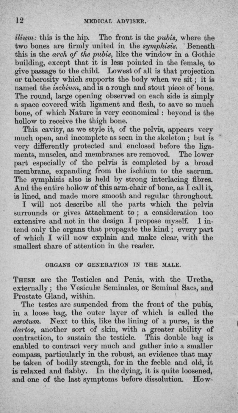 ilium: this is the hip. The front is the pubis, where the two bones are firmly united in the symphisis. ' Beneath this is the arch of the pubis, like the window in a Gothic building, except that it is less pointed in the female, to give passage to the child. Lowest of all is that projection or tuberosity which supports the body when we sit; it is named the ischium, and is a rough and stout piece of bone. The round, large opening observed on each side is simply a space covered with ligament and flesh, to save so much bone, of which Nature is very economical: beyond is the hollow to receive the thigh bone. This cavity, as we style it, of the pelvis, appears very much open, and incomplete as seen in the skeleton; but is very differently protected and enclosed before the liga- ments, muscles, and membranes are removed. The lower part especially of the pelvis is completed by a broad membrane, expanding from the ischium to the sacrum. The symphisis also is held by strong interlacing fibres. And the entire hollow of this arm-chair of bone, as I call it, is lined, and made more smooth and regular throughout. I will not describe all the parts which the pelvis surrounds or gives attachment to; a considei'ation too extensive and not in the design I propose myself. I in- tend only the organs that propagate the kind ; every part of which I will now explain and make clear, with the smallest share of attention in the reader. ORGANS OF GENERATION IN THE MALE. These are the Testicles and Penis, with the Uretha, externally; the Vesicular Seminales, or Seminal Sacs, and Pi'ostate Gland, within. The testes are suspended from the front of the pubis, in a loose bag, the outer layer of which is called the scrotum. Next to this, like the lining of a purse, is the dartos, another sort of skin, with a greater ability of contraction, to sustain the testicle. This double bag is enabled to contract very much and gather into a smaller compass, particularly in the robust, an evidence that may be taken of bodily strength, for in the feeble and old, it is relaxed and flabby. In the dying, it is quite loosened, and one of the last symptoms before dissolution. How-