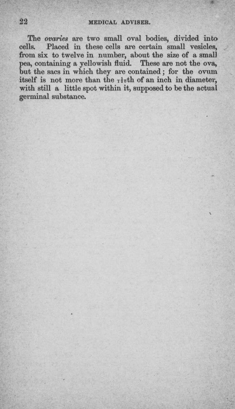 The ovaries are two small oval bodies, divided into cells. Placed in these cells are certain small vesicles, from six to twelve in number, about the size of a small pea, containing a yellowish fluid. These are not the ova, but the sacs in which they are contained; for the ovum itself is not more than the Tstrth of an inch in diameter, with still a little spot within it, supposed to be the actual germinal substance.