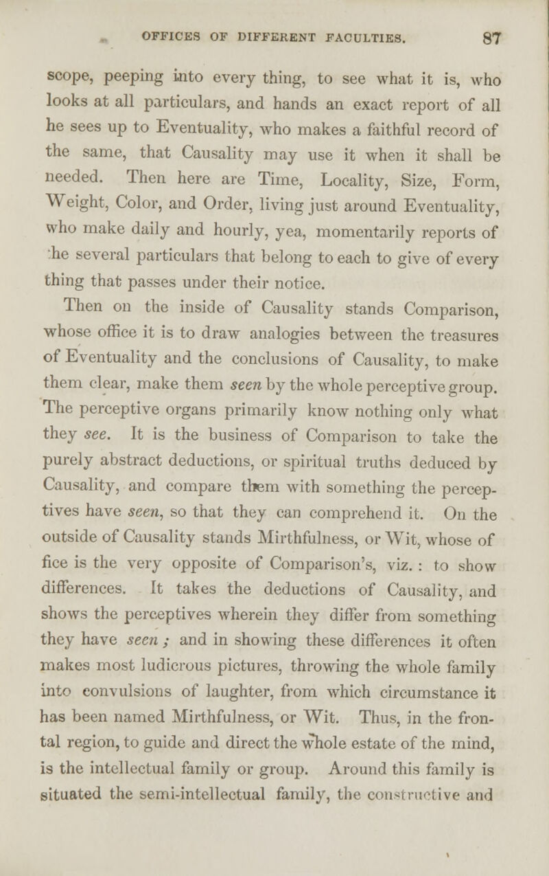 scope, peeping into every thing, to see what it is, who looks at all particulars, and hands an exact report of all he sees up to Eventuality, who makes a faithful record of the same, that Causality may use it when it shall be needed. Then here are Time, Locality, Size, Form, Weight, Color, and Order, living just around Eventuality, who make daily and hourly, yea, momentarily reports of :he several particulars that belong to each to give of every thing that passes under their notice. Then on the inside of Causality stands Comparison, whose office it is to draw analogies between the treasures of Eventuality and the conclusions of Causality, to make them clear, make them seen by the whole perceptive group. The perceptive organs primarily know nothing only what they see. It is the business of Comparison to take the purely abstract deductions, or spiritual truths deduced by Causality, and compare them with something the percep- tives have seen, so that they can comprehend it. On the outside of Causality stands Mirthfulness, or Wit, whose of fice is the very opposite of Comparison's, viz. : to show differences. It takes the deductions of Causality, and shows the perceptives wherein they differ from something they have seen ; and in showing these differences it often makes most ludicrous pictures, throwing the whole family into convulsions of laughter, from which circumstance it has been named Mirthfulness, or Wit. Thus, in the fron- tal region, to guide and direct the whole estate of the mind, is the intellectual family or group. Around this family is situated the semi-intellectual family, the constructive and