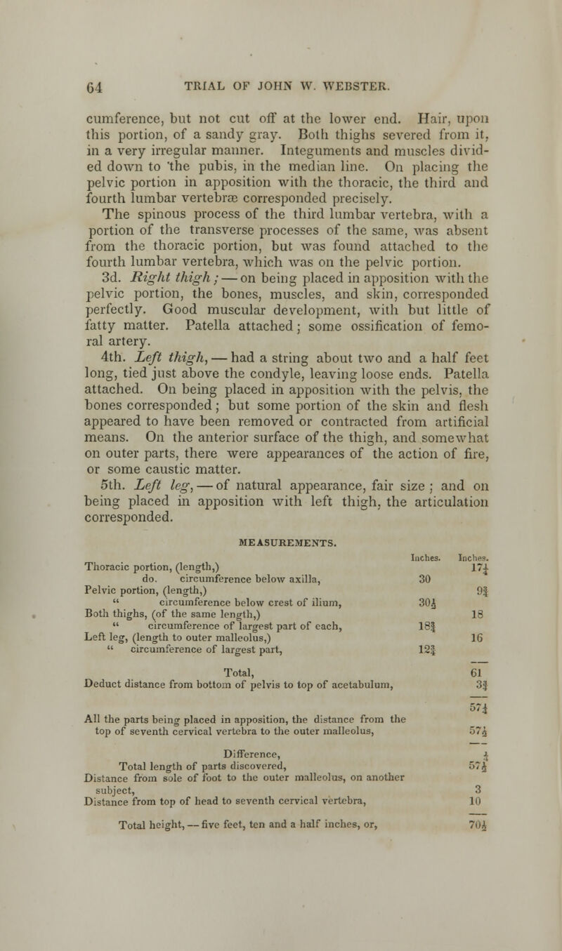 cumference, but not cut off at the lower end. Hair, upon this portion, of a sandy gray. Both thighs severed from it. in a very irregular manner. Integuments and muscles divid- ed down to 'the pubis, in the median line. On placing the pelvic portion in apposition with the thoracic, the third and fourth lumbar vertebras corresponded precisely. The spinous process of the third lumbar vertebra, with a portion of the transverse processes of the same, was absent from the thoracic portion, but was found attached to the fourth lumbar vertebra, which was on the pelvic portion. 3d. Right thigh; — on being placed in apposition with the pelvic portion, the bones, muscles, and skin, corresponded perfectly. Good muscular development, with but little of fatty matter. Patella attached; some ossification of femo- ral artery. 4th. Left thigh, — had a string about two and a half feet long, tied just above the condyle, leaving loose ends. Patella attached. On being placed in apposition with the pelvis, the bones corresponded; but some portion of the skin and flesh appeared to have been removed or contracted from artificial means. On the anterior surface of the thigh, and somewhat on outer parts, there were appearances of the action of fire, or some caustic matter. 5th. Left leg, — of natural appearance, fair size; and on being placed in apposition with left thigh, the articulation corresponded. MEASUREMENTS. Inches. Inches. Thoracic portion, (length,) 17^ do. circumference below axilla, 30 Pelvic portion, (length,) Of  circumference below crest of ilium, 30£ Both thighs, (of the same length,) 18  circumference of largest part of each, 18| Left leg, (length to outer malleolus,) 16  circumference of largest part, 12| Total, 61 Deduct distance from bottom of pelvis to top of acetabulum, 3J 574 All the parts being placed in apposition, the distance from the top of seventh cervical vertebra to the outer malleolus, .7.1 Difference, J Total length of parts discovered, 57£ Distance from sole of foot to the outer malleolus, on another subject, 3 Distance from top of head to seventh cervical vertebra, 10 Total height, — five feet, ten and a half inches, or, 70j