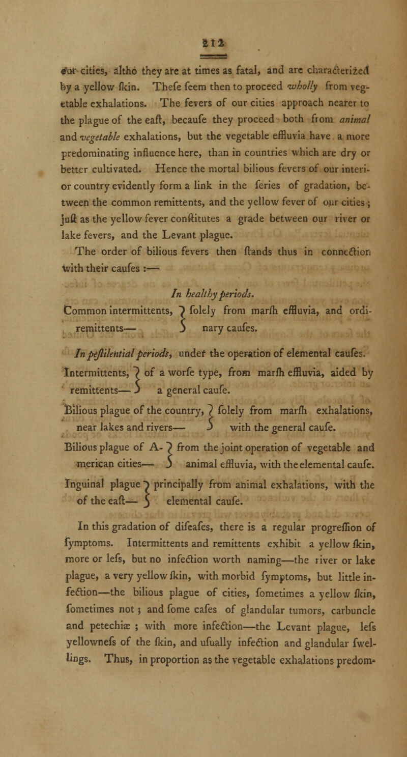 •'iH-~ cities, altho they afe at times as fatal, and arc charaderized by a yellow flcin. Thefe feem then to proceed luholly from veg- etable exhalations. The fevers of our cities approach nearer to the plague of the eaft, becaufe they proceed both from animal a.nd vegetable exhalations, but the vegetable effluvia have a more predominating influence here, than in countries which are dry or better cultivated. Hence the mortal bilious fevers of our interi- or country evidently form a link in the feries of gradation, be- tween the common remittents, and the yellow fever of our cities; juft as the yellow fever conftitutes a grade between our river or lake fevers, and the Levant plague. The order of bilious fevers then Hands thus in connedlion tvith their caufes :— In healthy periods. Common intermittents, } folely from marfli effluvia, and ordi- j repiittents— j nary caufes. In peJlileMidlperiodi, undef the opCFation of elemental caufes. Intermittents, 7 of a worfe type, from marfh effluvia, aided by remittents— J a general caufe. Bilious plague of the country, 1 folely from marfh exhalations, near lakes and rivers— J with the general caufe. Bilious plague of A-) from the joint operation of vegetable and ■merican cities— 3 animal effluvia, with the elemental caufe. Inguinal plague ^ principally from animal exhalations, with the of the eaft— 3 elemental caufe. In this gradation of difcafes, there is a regular progreflion of fymptoms. Intermittents and remittents exhibit a yellow fkin, more or lefs, but no infe<5lion worth naming—the river or lake plague, a very yellow fkin, with morbid fymptoms, but little in- feftion—the bilious plague of cities, fometimes a yellow fldn, fometimes not 5 and fome cafes of glandular tumors, carbuncle and petechia: ; with more infedion—the Levant plague, lefs yellownefs of the flcin, and ufually infedion and glandular fwel- lings. Thus, in proportion as the vegetable exhalations predom*