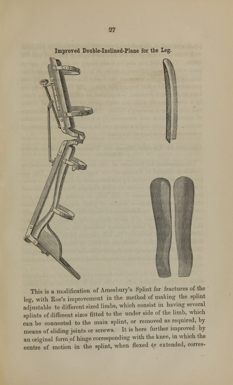 Improved Double-Inclined-Plane for the Leg. This is a modification of Amesbury's Splint for fractures of the leg, with Roe's improvement in the method of making the splint adjustable to different sized limbs, which consist in having several splints of different sizes fitted to the under side of the limb, which can be connected to the main splint, or removed as required, by means of sliding joints or screws. It is here further improved by an original form of hinge corresponding with the knee, in which the centre° of motion in the splint, when flexed <:r extended, corres-