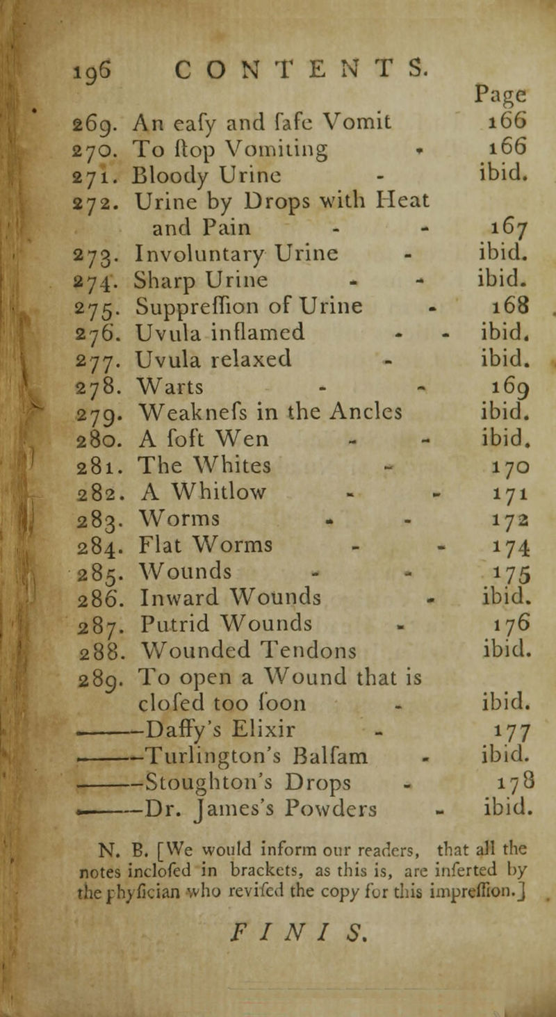 Page 269. An eafy and fafc Vomit 166 270. To itop Vomiting • 166 271. Bloody Urine ibid. 272. Urine by Drops with Heat and Pain - - 167 273. Involuntary Urine - ibid. 274. Sharp Urine - - ibid. 275. Suppreflion of Urine - 168 276. Uvula inflamed - - ibid. 277. Uvula relaxed - ibid. 278. Warts - - 169 279. Weaknefs in the Ancles ibid. 280. A foft Wen - - ibid. 281. The Whites - 170 282. A Whitlow - - 171 283. Worms - - 172 284. Flat Worms - - 174 285. Wounds - - 175 286. Inward Wounds - ibid. 287. Putrid Wounds - 176 288. Wounded Tendons ibid. 289. To open a Wound that is clofed too loon - ibid. . Daffy's Elixir - 177 Turlington's Balfam - ibid. —Stoughton's Drops - 178 * Dr. James's Powders - ibid. N. B. [We would inform our readers, that all the notes inclofed in brackets, as this is, are inferted by thepbyfician who revifed the copy for this impreffion.J F I N I S.