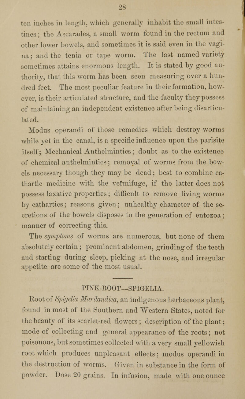 ten inches in length, which generally inhabit the small intes- tines ; the Ascarades, a small worm found in the rectum and other lower bowels, and sometimes it is said even in the vagi- na ; and the tenia or tape worm. The last named variety sometimes attains enormous length. It is stated by good au- thority, that this worm has been seen measuring over a hun- dred feet. The most peculiar feature in their formation, how- ever, is their articulated structure, and the faculty they possess of maintaining an independent existence after being disarticu- lated. Modus operandi of those remedies which destroy worms while yet in the canal, is a specific influence upon the parisite itself; Mechanical Anthelmintics ; doubt as to the existence of chemical anthelmintics; removal of worms from the bow- els necessary though they may be dead; best to combine ca- thartic medicine with the vermifuge, if the latter does not possess laxative properties; difficult to remove living worms by cathartics; reasons given; unhealthy character of the se- cretions of the bowels disposes to the generation of entozoa; manner of correcting this. The symptoms of worms are numerous, but none of them absolutely certain; prominent abdomen, griuding of the teeth and starting during sleep, picking at the nose, and irregular appetite are some of the most usual. PINK-ROOT—SPIGELIA. Root of Spigclia Marilandica, an indigenous herbaceous plant, found in most of the Southern and Western States, noted for the beauty of its scarlet-red flowers ; description of the plant; mode of collecting and general appearance of the roots; not poisonous, but sometimes collected with a very small yellowish root which produces unpleasant effects; modus operandi in the destruction of worms. Given in substance in the form of powder. Dose 20 grains. In infusion, made with one ounce