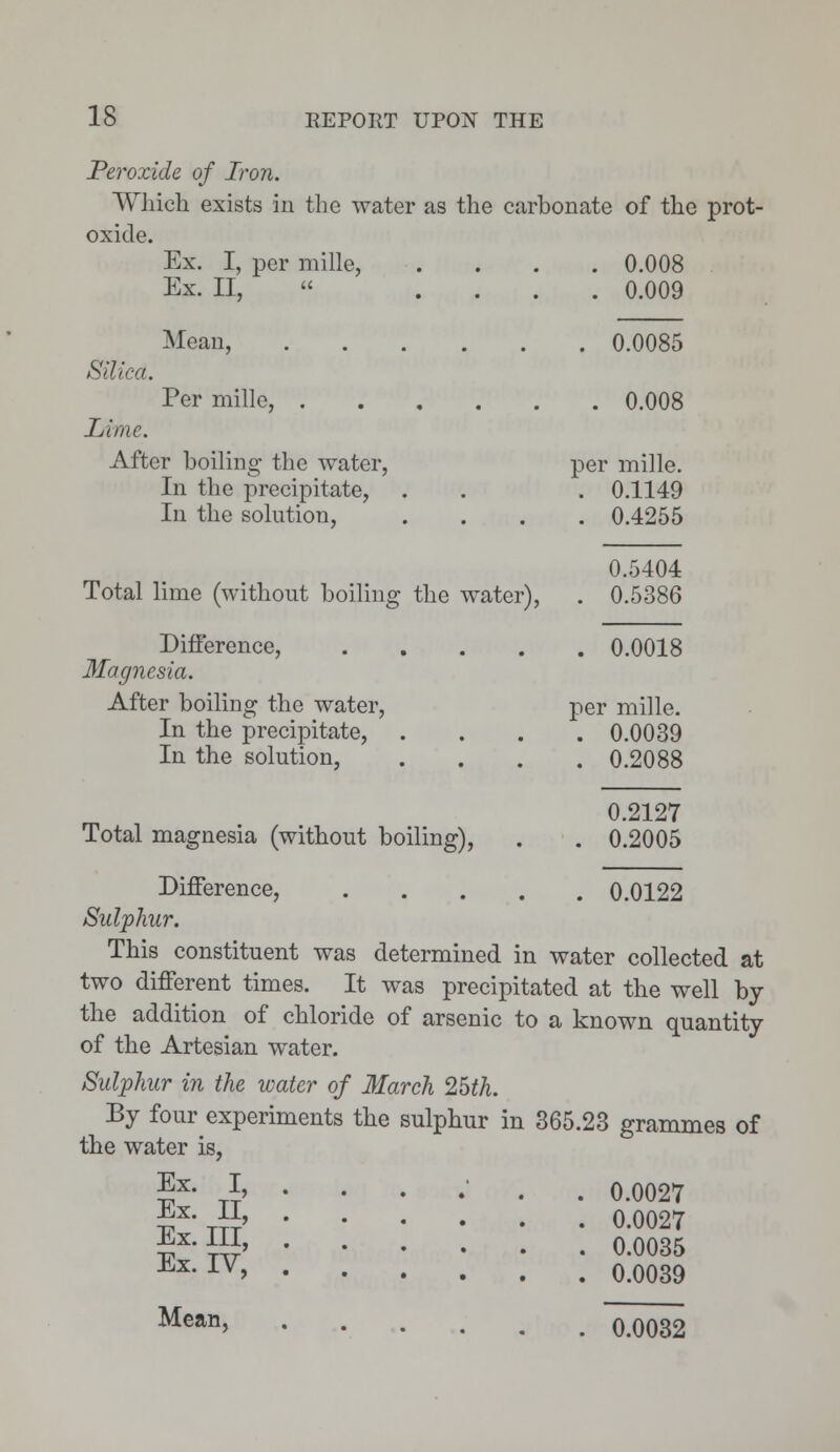 Peroxide of Iron. Which exists in the water as the carbonate of the prot- oxide. Ex. I, per mille, . . . . 0.008 Ex. II, .... 0.009 Mean, 0.0085 Silica. Per mille, 0.008 Lime. After boiling the water, per mille. In the precipitate, . . . 0.1149 In the solution, .... 0.4255 0.5404 Total lime (without boiling the water), . 0.5386 Difference, 0.0018 Magnesia. After boiling the water, per mille. In the precipitate, .... 0.0039 In the solution, .... 0.2088 0.2127 Total magnesia (without boiling), . . 0.2005 Difference, 0.0122 Sulphur. This constituent was determined in water collected at two different times. It was precipitated at the well by the addition of chloride of arsenic to a known quantity of the Artesian water. Sulphur in the water of March 2Uh. By four experiments the sulphur in 365.23 grammes of the water is, |x- *>••..'.. 0.0027 ^x-±i> 0.0027 S*-™?' 0.0035 -^•rv, 0.0039 Mean> 0.0032