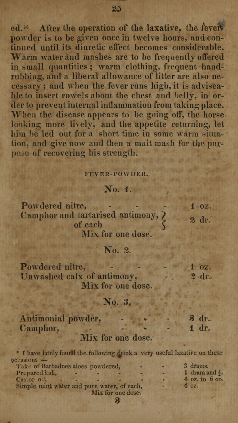 2a ed.* After the operation of the laxative, the fevew powder is to be given once in twelve hours, and con- tinued until its diarctic effect becomes considerable. Warm water and mashes are to be frequently offered in small quantities ; warm clothing, frequent hand- rubbing, and a liberal allowance of litter are also ne- cessary ; and when the fever runs high, it is advisea- ble to insert rowels about the chest and belly, in or- der to prevent internal inflammation from taking place. When the disease appears to be going off, the horse, looking more lively, and the appetite returning, let him be led out for a short time in some warm situa- tion, and give now and then a mait mash for the pur- • of recovering his strength. FEVER-POWDER. No. 1. Powdered nitre, - - - 1 oz. Camphor and tartarised antimony,') ^ , of each 5 Mix for one dose. No. 2. Powdered nitre, 1 oz. Unwashed calx of antimony, - 3 dr. Mix for one dose. No. 3. Antimonial powder, - . *- 8 dr. Camphor, - 1 dr. Mix for one dose. * I have lately fount! the following d^'ink a very useful laxative on these occasions:— Take of Uarbadoes aloes powdered, 3 drams. Prepared kali, ..... 1 dram and {. Castor oil, - - - - - • 4 oz. to 6 oz\ Simple mint water and pure water, of each, ■ 4 oz. Mix for one dose% 3