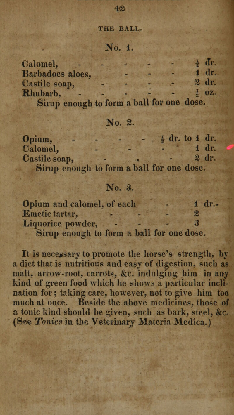 4& THE BALL. No. 1. Calomel, . - - - - \ iTr. Barbadoes aloes, . - - 1 dr. Castile soap, - - - - 2 dr. Rhubarb, \ oz. Sirup enough to form a ball for one dose. No. 2. Opium, - - - - | dr. to 1 dr. Calomel, - - 1 dr. Castile soap, - . 2 dr. Sirup enough to form a ball for one dose. No. a. Opium and calomel, of each - 1 dr.- Emetic tartar, 2 Liquorice powder, 3 Sirup enough to form a ball for one dose. It is necessary to promote the horse's strength, by a diet that is nutritious and easy of digestion, such as malt, arrow-root, carrots, &c. indulging him in any kind of green food which he shows a particular incli- nation for; taking care, however, not to give him too much at once. Beside the above medicines, those of a tonic kind should be given, such as bark, steel, &c. (See Tonics in the Veterinary Materia Medica.)