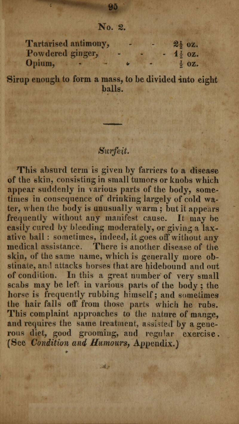 yo No. 2. Tartarised antimony, Powdered ginger, Opium, - * 3§ oz. - 1| oz. 5 OZ. Sirup enough to form a mass, to be divided into eight balls. Surfeit. This absurd term is given by farriers to a disease of the skin, consisting in small tumors or knobs which appear suddenly in various parts of the body, some- times in consequence of drinking largely of cold wa- ter, when the body is unusually warm ; but it appears frequently without any manifest cause. It may be easily cured by bleeding moderately, or giving a lax- ative ball : sometimes, indeed, it goes off without any medical assistance. There is another disease of the skin, of the same name, which is generally more ob- stinate, and attacks horses that are hidebound and out of condition. In this a great number of very small scabs may be left in various parts of the body ; the horse is frequently rubbing himself; and sometimes the hair falls oft* from those parts which he rubs. This complaint approaches to the nature of mange, and requires the same treatment, assisted by a gene- rous diet, good grooming, and regular exercise. (See Condition and Humours, Appendix.)