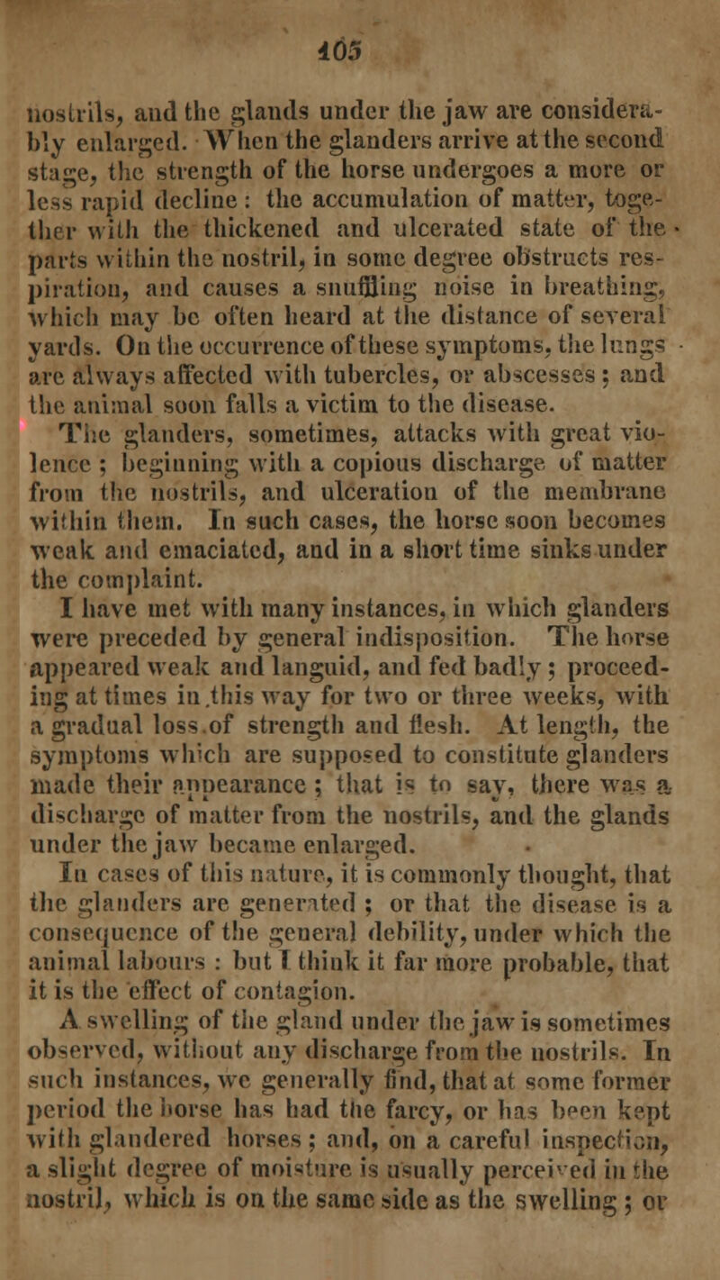 405 nostrils, and the glands under the jaw are considera- bly enlarged. When the glanders arrive at the second stage, the strength of the horse undergoes a more or less rapid decline : the accumulation of matter, toge- ther with the thickened and ulcerated state of the • parts within the nostril, in some degree obstructs res- piration, and causes a snuffling noise in breathing, Which may be often heard at the distance of several yards. On the occurrence of these symptoms, the lungs are always affected with tubercles, or abscesses ; and the animal soon falls a victim to the disease. The glanders, sometimes, attacks Avith great vio- lence ; beginning with a copious discharge of matter from the no'strils, and ulceration of the membrane within them. In such cases, the horse soon becomes weak and emaciated, and in a short time sinks under the complaint. I have met with many instances, in which glanders were preceded by general indisposition. The horse appeared weak and languid, and fed badly ; proceed- ing at times in .this May for two or three weeks, with a gradual loss.of strength and flesh. At length, the symptoms which are supposed to constitute glanders made their appearance; that Is to say, there was a discharge of matter from the nostrils, and the glands under the jaw became enlarged. In cases of this nature, it is commonly thought, that the glanders are generated ; or that the disease is a consequence of the general debility, under which the animal labours : but! think it far more probable, that it is the effect of contagion. A swelling of tiie gland under the jaw is sometimes observed, without any discharge from the nostrils. In such instances, we generally find, that at some former period the horse has had the farcy, or has been kept with glandered horses; and, on a careful inspection, a slight degree of moisture is usually perceived in the nostril, which is on the same side as the swelling ; or