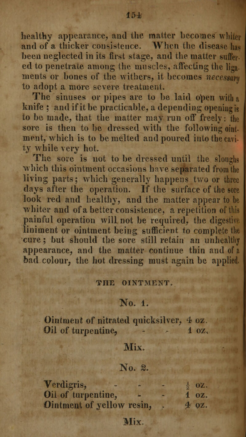 healthy appearance, and the matter becomes whiter and of a thicker consistence. When the disease has been neglected in its first stage, and the matter suffer- ed to penetrate among the muscles, affecting the liga- ments or bones of the withers, it becomes necesam to adopt a more severe treatment. The sinuses or pipes are to be laid open with a knife ; and if it be practicable, a depending opening is to be made, that the matter may run off freely: the sore is then to be dressed with the following oint- ment, which is to be melted and poured into the cavi- ty while very hot. The sore is not to be dressed until the sloughs which this ointment occasions hnve separated from the living parts; which generally happens two or three days after the operation. If the surface of the sore look red and healthy, and the matter appear to be whiter and of a better consistence, a repetition of this painful operation will not be required, the digestive liniment or ointment being sufficient to complete the cure; but should the sore still retain an unhealthy appearance, and the matter continue thin and of a bad colour, the hot dressing must again be applied. THE OINTMENT. No. 1. Ointment of nitrated quicksilver, 4 oz. Oil of turpentine, - - 1 oz. Mix. No. g. Verdigris, - - - § oz. Oil of turpentine, - - 1 oz. Ointment of yellow resin, . 4 oz.