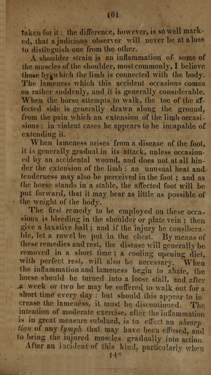 taken for it: the difference, however, is so well mark- ed, that a judicious observer will never be ataloss to distinguish one from the other. A shoulder strain is an inflammation of» some of the muscles of the shoulder, most commonly, I believe those bygwhich the limb is connected with the body. The lameness which this accident occasions comes on rather suddenly, and it is generally considerable. When the horse attempts to walk, the toe of the af- fected side is generally drawn along the ground, from the pain which an extension of the limb oecasi- sions : in violent cases he appears to be incapable of extending it. When lameness arises from a disease of the foot, it is generally gradual in its attack, unless occasion- ed by an accidental wound, and does not at all hin- der the extension of the limb : an unusual heat and tenderness may also be perceived in the foot ; and as the horse stands in a stable, the affected foot will be put forward, that it may bear as little as possible of the weight of the body. The first remedy to be employed on these occa- sions is bleeding in the shoulder or plate vein ; then give a laxative ball; and if the injury be consibcra ble, let a rowel be put in the chest By means of these remedies and rest, the disease will generally be removed in a short time ; a cooling opening diet, with perfect rest, will also be necessary. When the inflammation and lameness begin to abate, the horse should be turned into a loose stall, and after ji week or two he may be suffered to walk out for a short time every day : but should this appear to in crease the lameness, it must be discontinued. The intention of moderate exercise, after the inflammation is in great measure subdued, is to effect an absorp tion of any lymph that may have been effused, and to bring the injured muscles gradually into action. After an incident of this kind, particularly when 14*