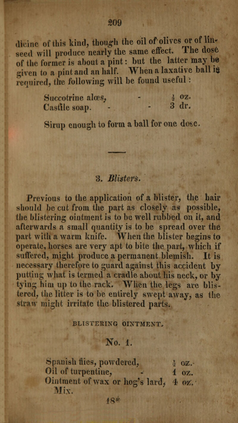 dieinc of this kind, though the oil of olives or of lin* seed will produce nearly the same effect. The dose of the former is about a pint: but the latter may be given to a pint and an half. When a laxative ball 18 required, the following will be found useful: Succotrine aloes, - h oz. Castile soap. - - 3 dr. Sirup enough to form a ball for one dose. 3. Blisters. Previous to the application of a blister, the hair should be cut from the part as closely as possible, the blistering ointment is to be well rubbed on it, and afterwards a small quantity is to be spread over the part with a warm knife. When the blister begins to operate, horses are very apt to bite the part, which if suffered, might produce a permanent blemish. It is necessary therefore to guard against this accident by putting what is termed a cradle about his neck, or by tying him up to the rack. When the legs are blis- tered, the litter is to be entirely swept away, as the straw might irritate the blistered parts. BLISTERING OINTMENT. No. 1. Spanish flics, powdered, i oz. Oil of turpentiue, - 1 oz. Ointment of wax or hog's lard, 4< oz. Mix. 18*